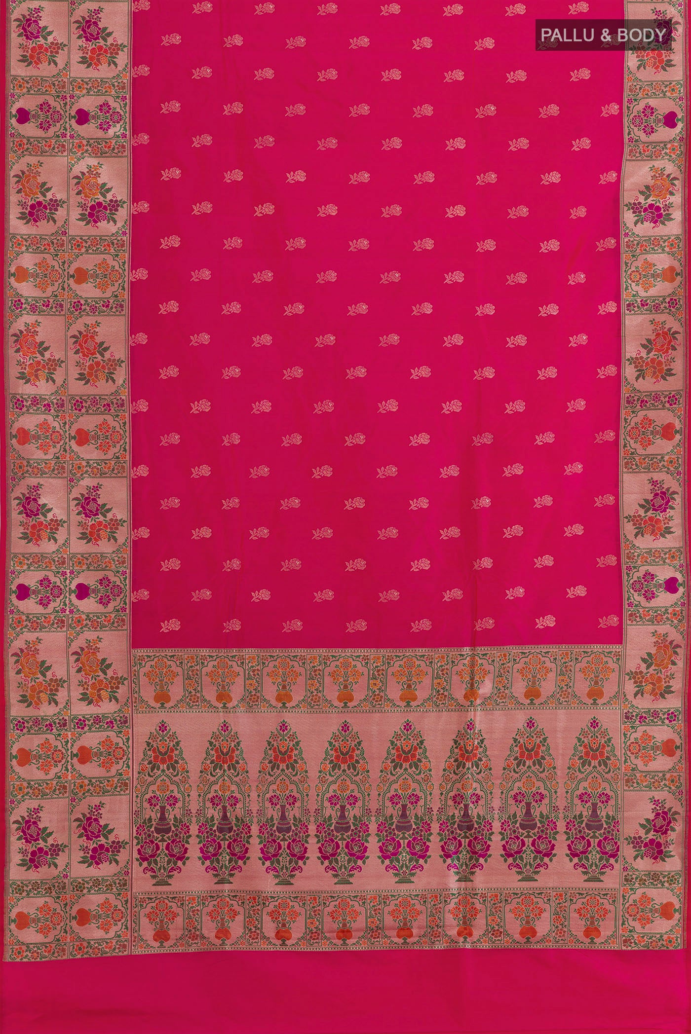 Flat view of Pink Banarasi Silk Saree with Zari Butta on the body and Paithani Border. 