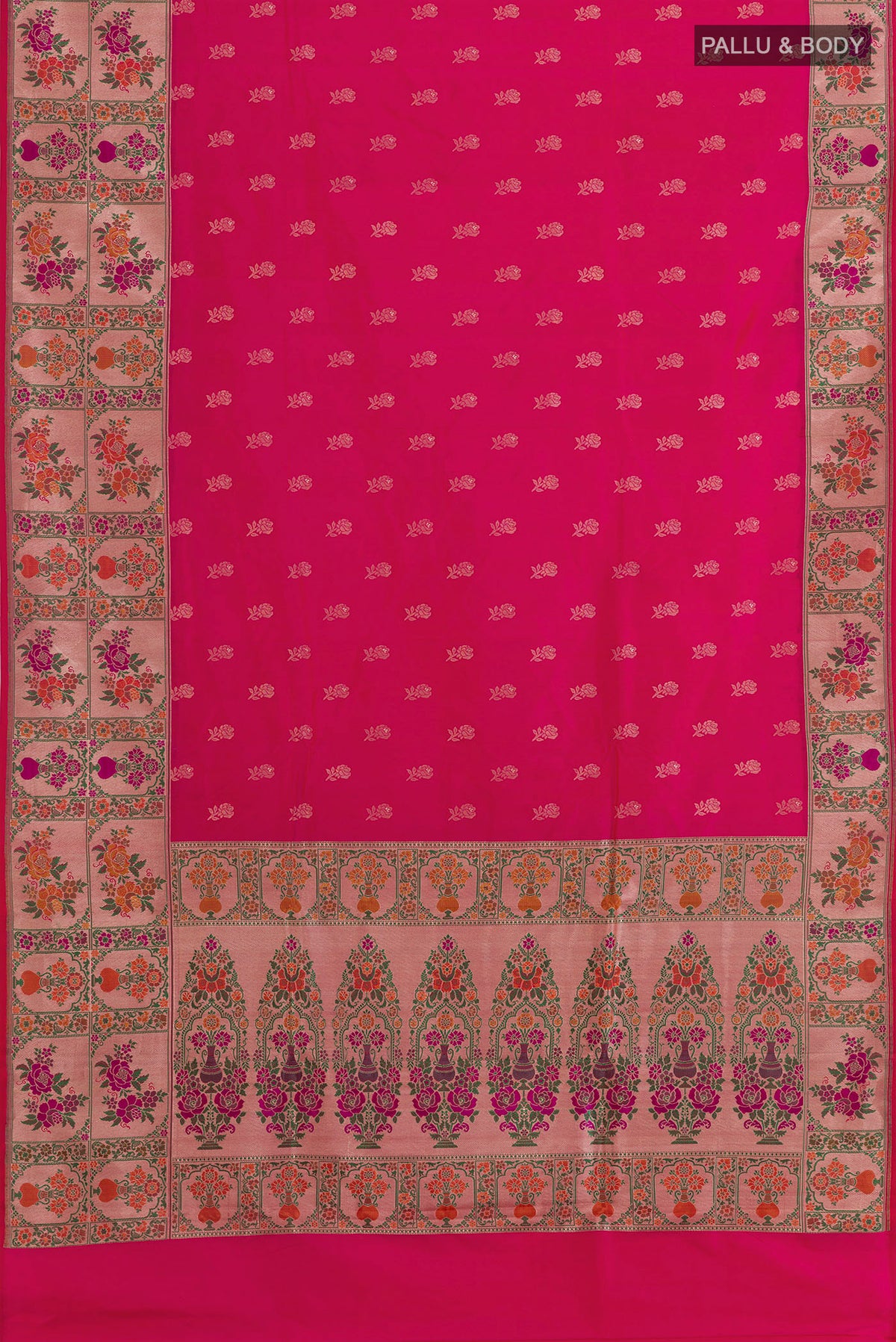 Flat view of Pink Banarasi Silk Saree with Zari Butta on the body and Paithani Border. 