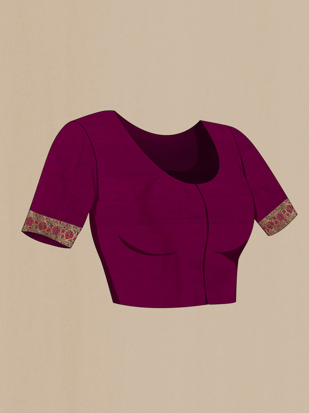 Close up image of the blouse of Purple Banarasi Silk Saree with Zari Butta on the body and Paithani Border. 