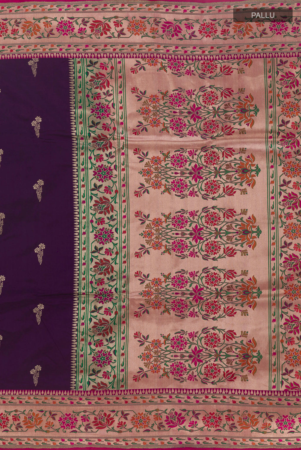 Close up image of the pallu of Purple Banarasi Silk Saree with Zari Butta on the body and Paithani Border. 