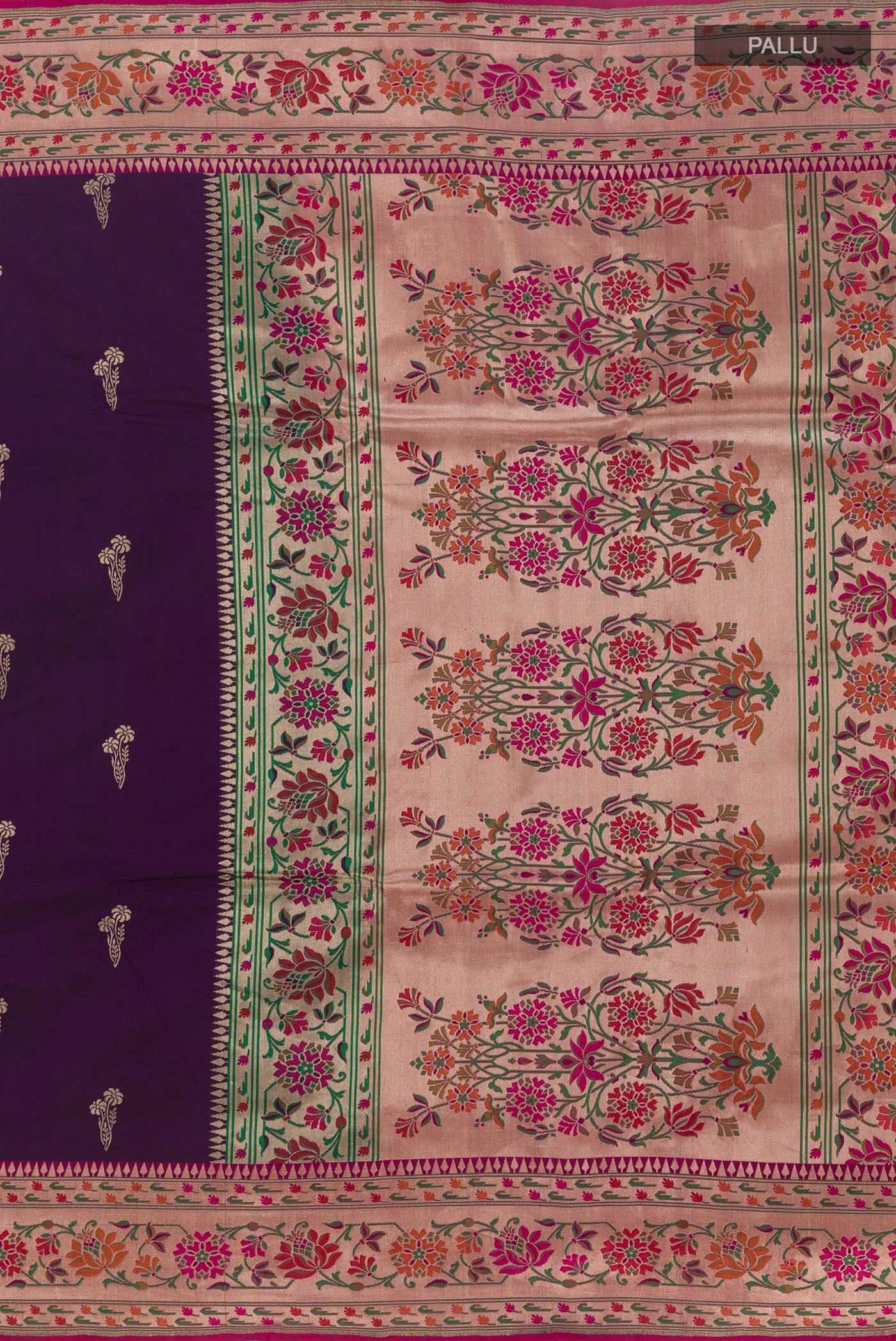Close up image of the pallu of Purple Banarasi Silk Saree with Zari Butta on the body and Paithani Border. 