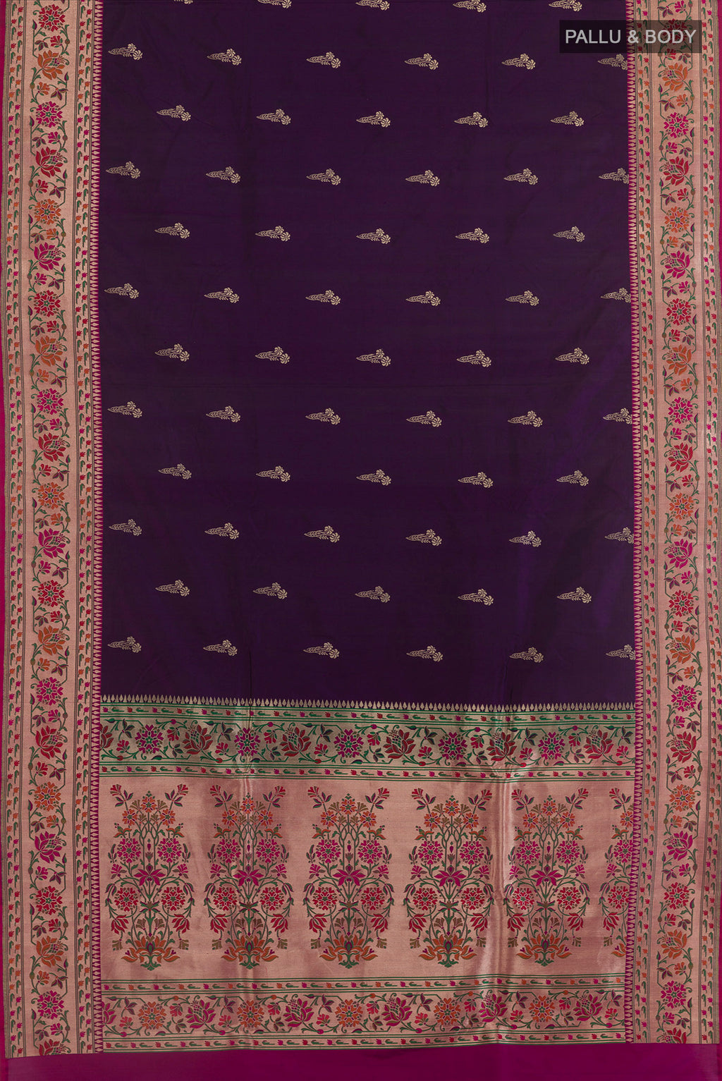 Flat view of Purple Banarasi Silk Saree with Zari Butta on the body and Paithani Border. 