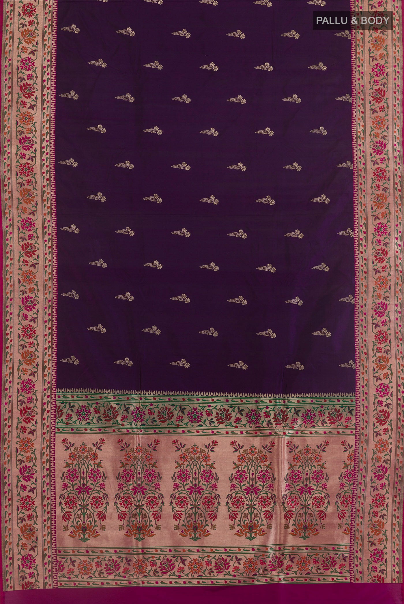 Flat view of Purple Banarasi Silk Saree with Zari Butta on the body and Paithani Border. 