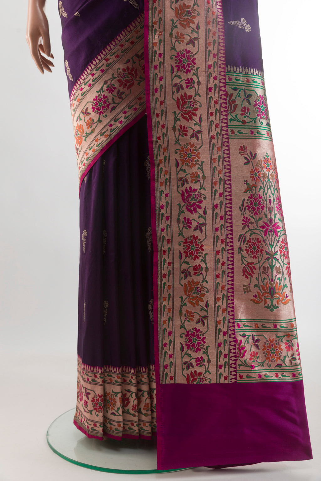 Pleats and pallu of Purple Banarasi Silk Saree with Zari Butta on the body and Paithani Border. 
