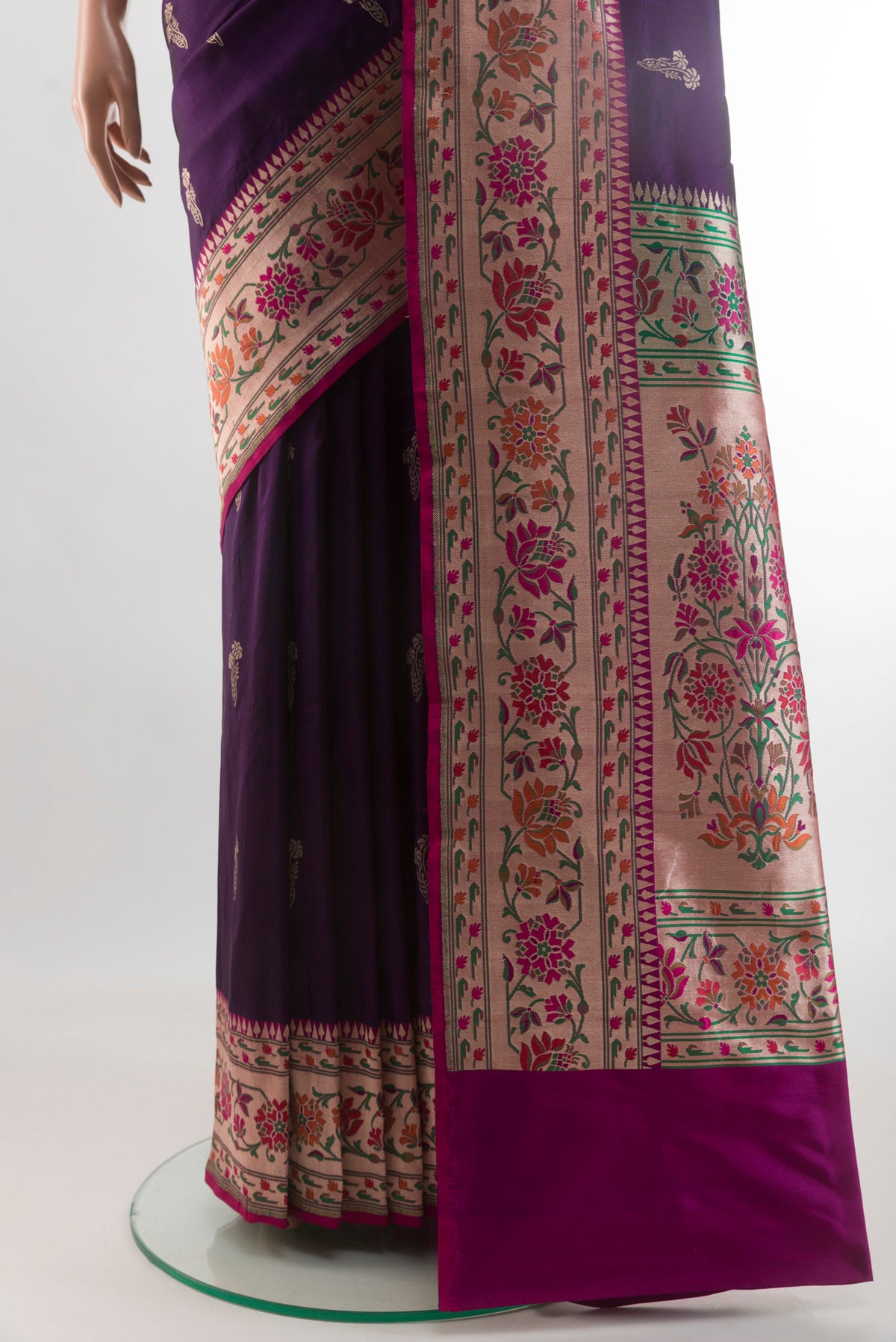 Pleats and pallu of Purple Banarasi Silk Saree with Zari Butta on the body and Paithani Border. 