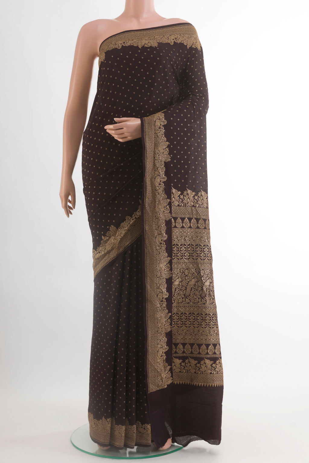 Black Banarasi Georgette Saree with Zari Butta on the body and Zari Border.  displayed on a mannequin