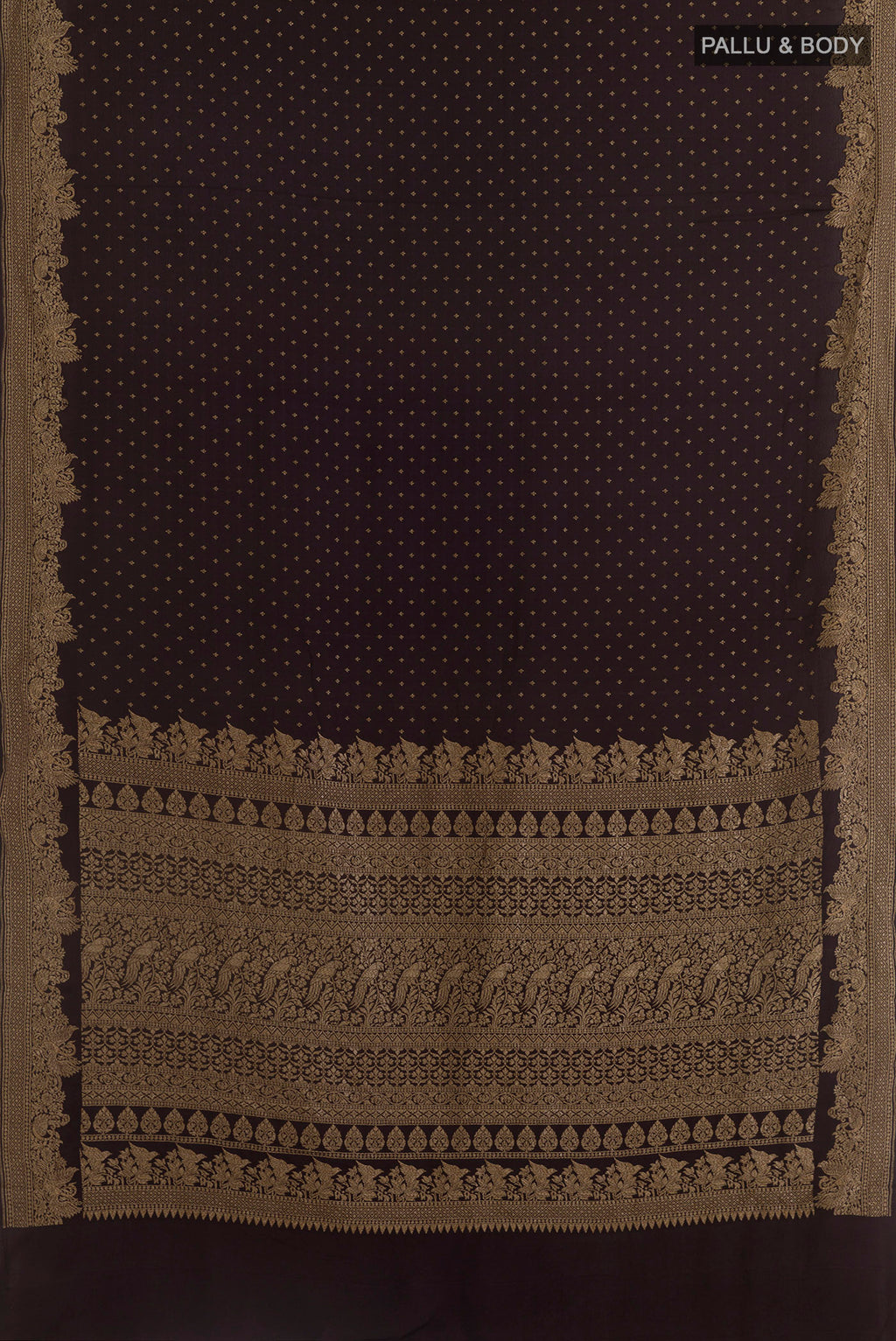 Flat view of Black Banarasi Georgette Saree with Zari Butta on the body and Zari Border. 