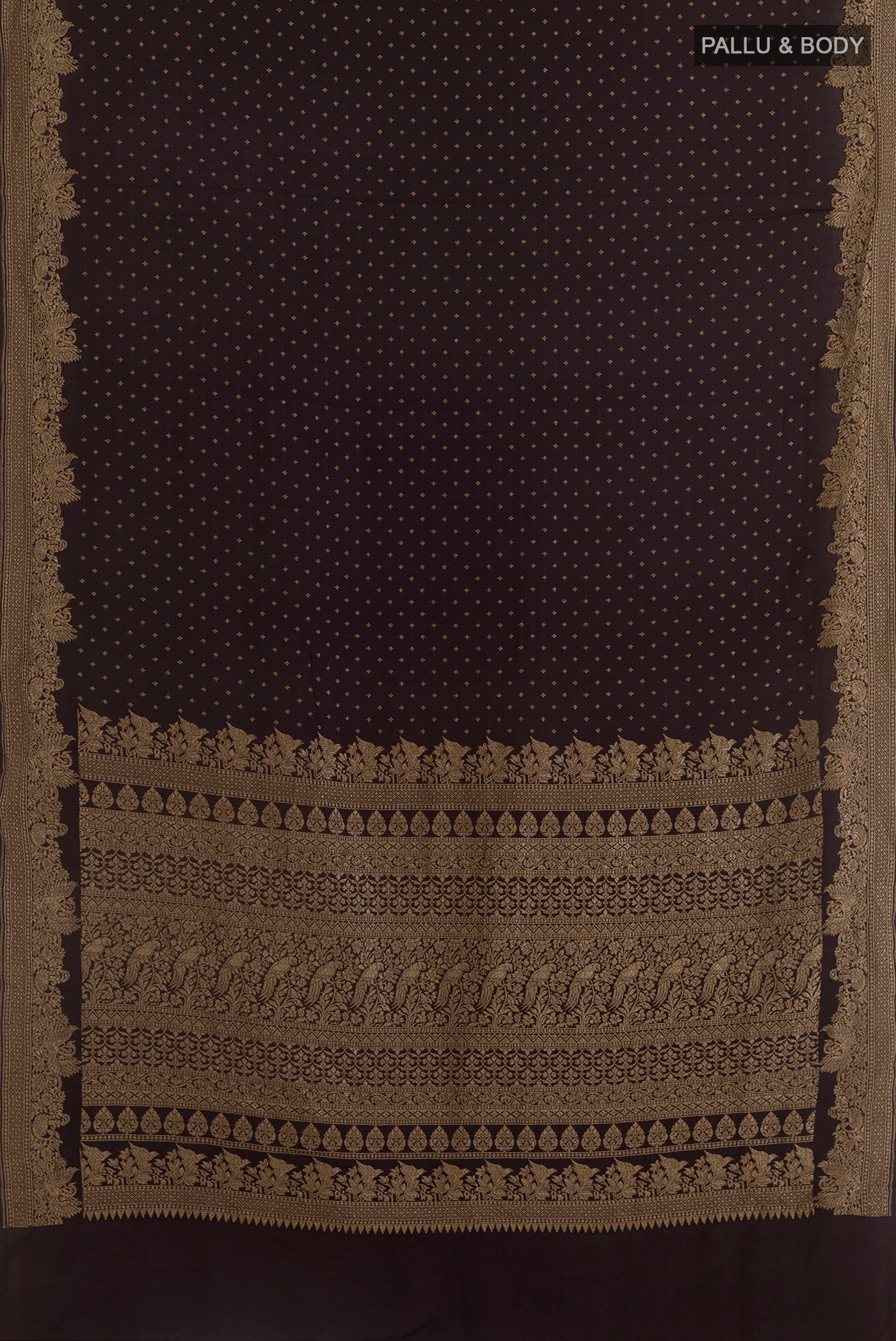 Flat view of Black Banarasi Georgette Saree with Zari Butta on the body and Zari Border. 