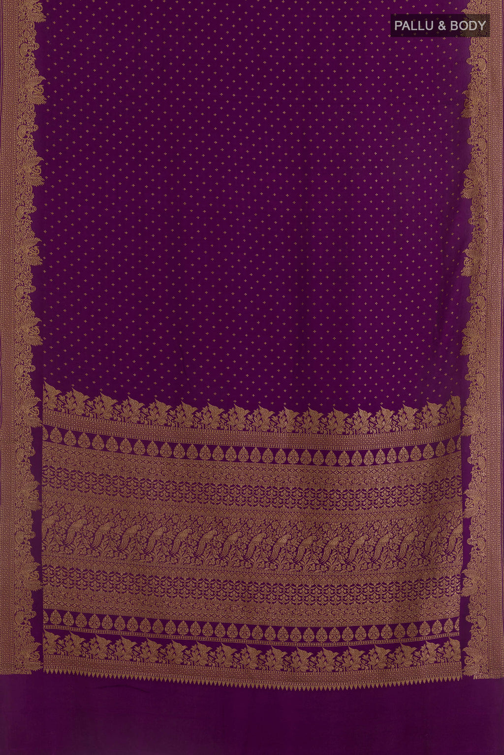Flat view of Purple Banarasi Georgette Saree with Zari Butta on the body and Zari Border. 