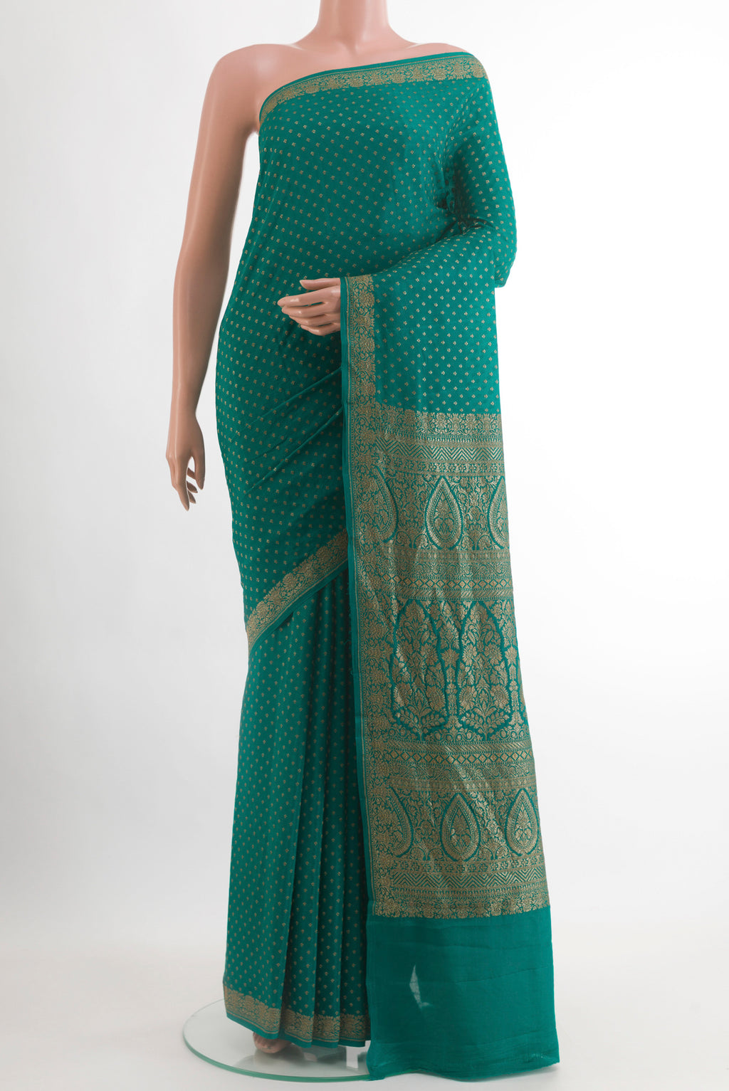 Sea Green Banarasi Georgette Saree with Zari Butta on the body and Zari Border.  displayed on a mannequin
