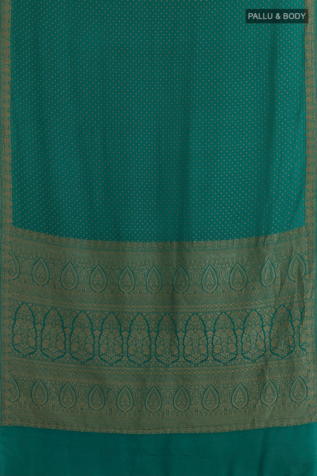 Flat view of Sea Green Banarasi Georgette Saree with Zari Butta on the body and Zari Border. 