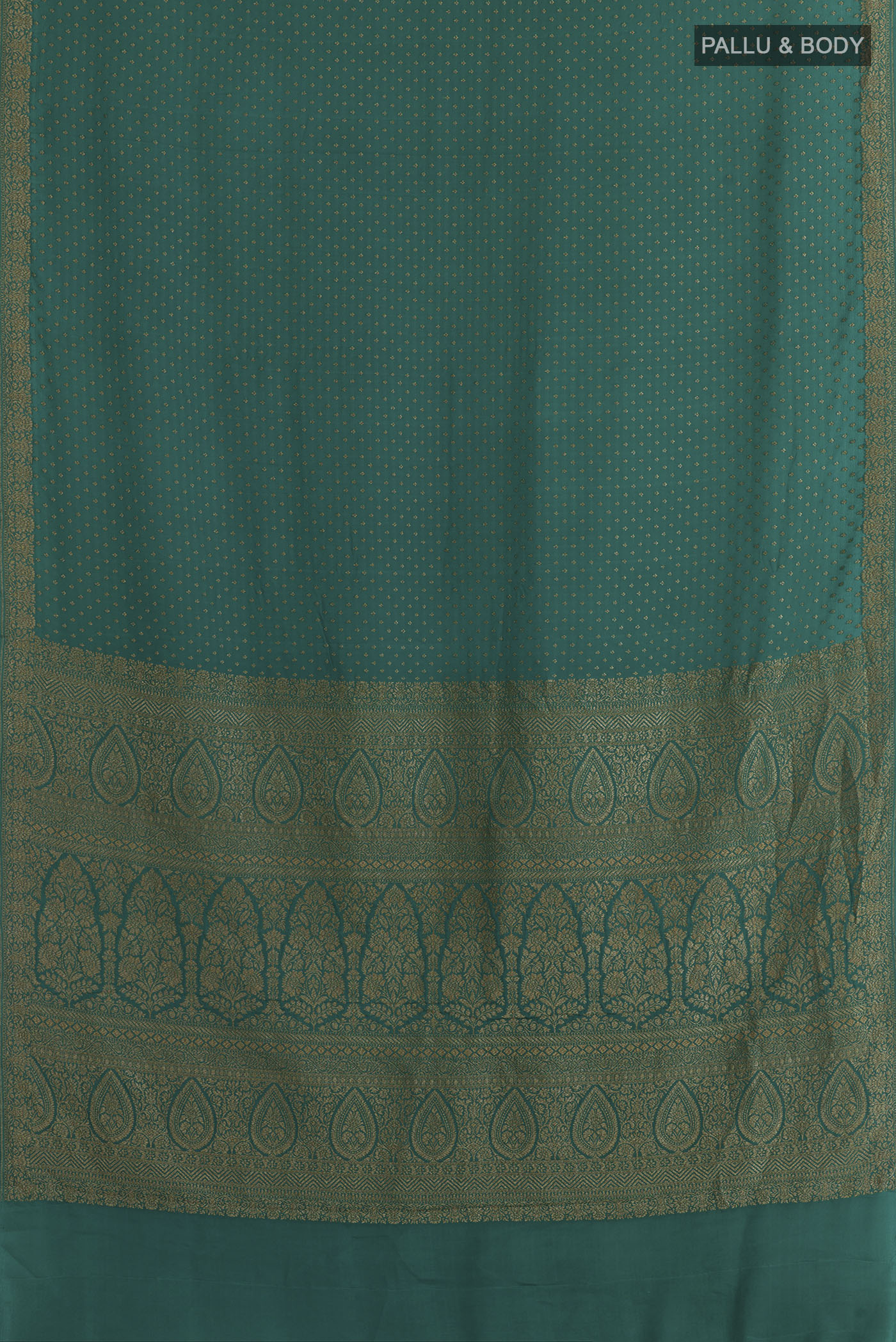 Flat view of Sea Green Banarasi Georgette Saree with Zari Butta on the body and Zari Border. 