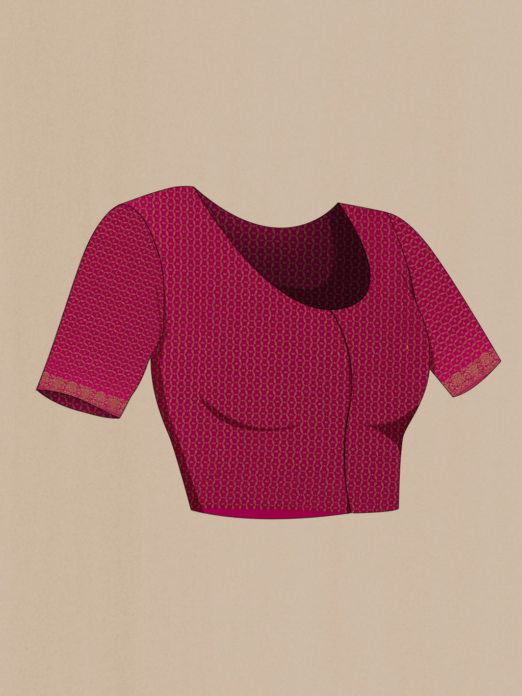 Close up image of the blouse of Rani Pink Banarasi Georgette Saree with Zari Butta on the body and Zari Border. 