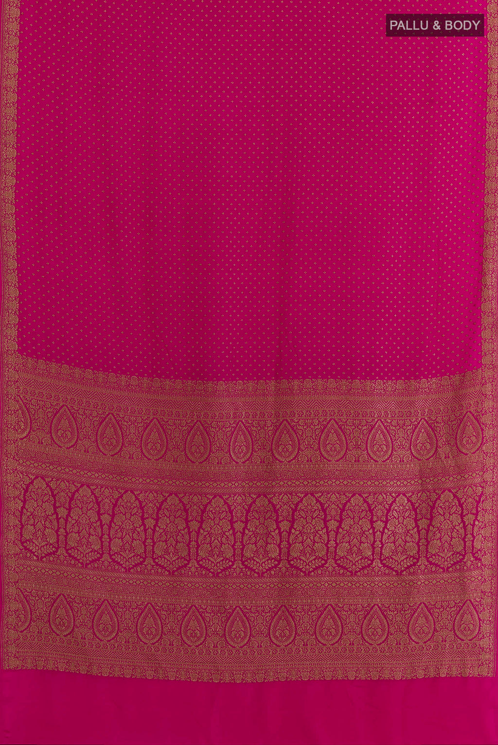 Flat view of Rani Pink Banarasi Georgette Saree with Zari Butta on the body and Zari Border. 