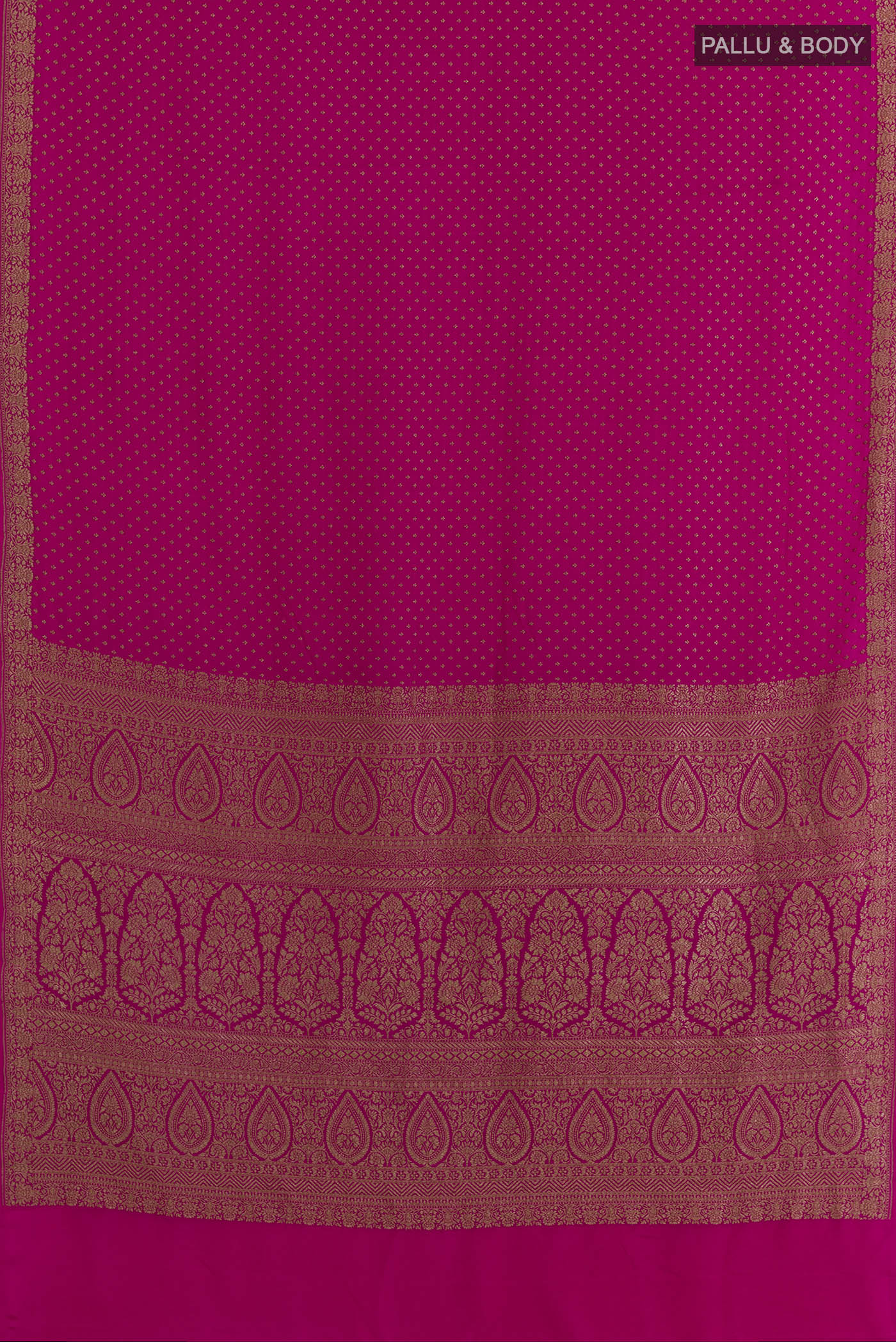 Flat view of Rani Pink Banarasi Georgette Saree with Zari Butta on the body and Zari Border. 