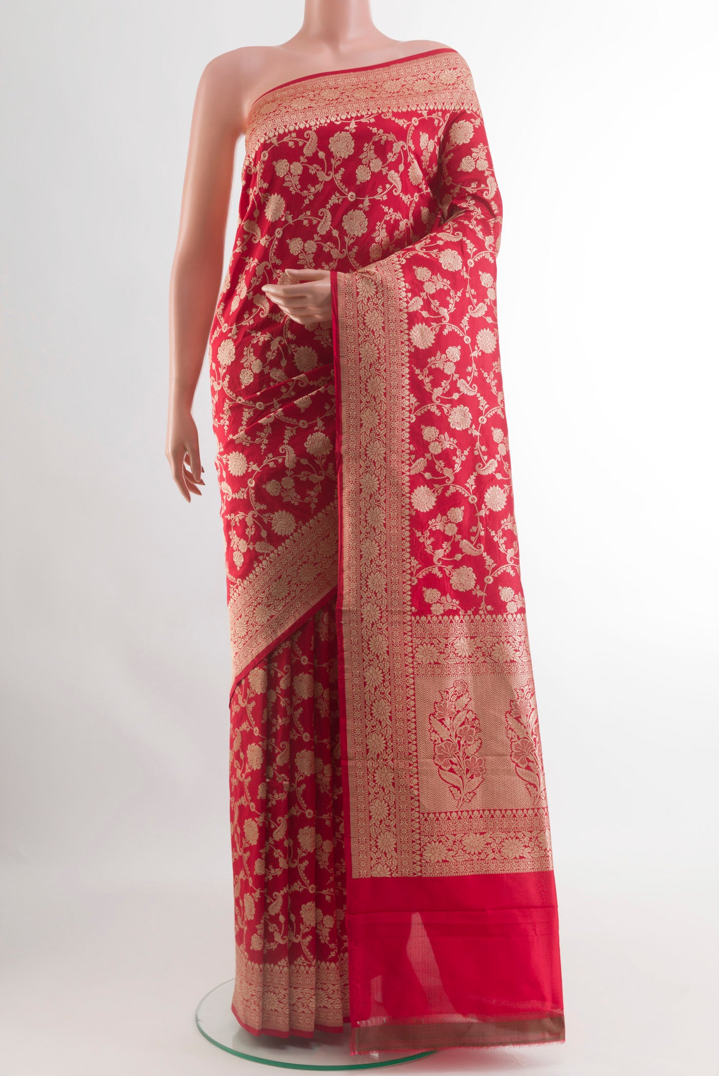 Red Banarasi Silk Saree with Zari Brocade on the body and Zari Border.  displayed on a mannequin