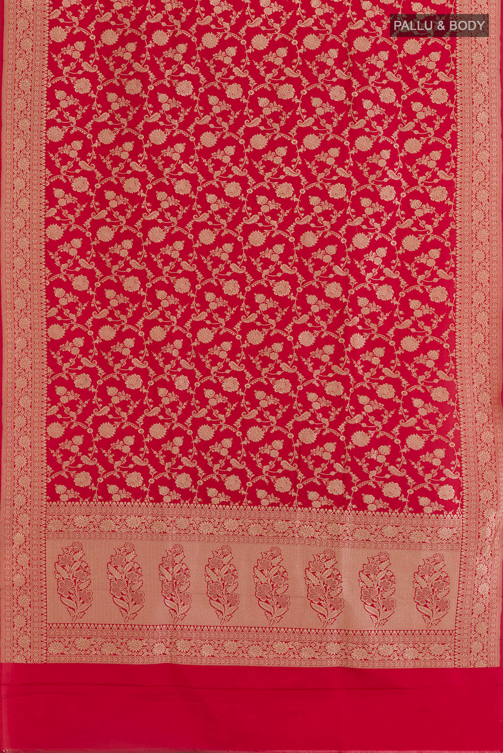 Flat view of Red Banarasi Silk Saree with Zari Brocade on the body and Zari Border. 