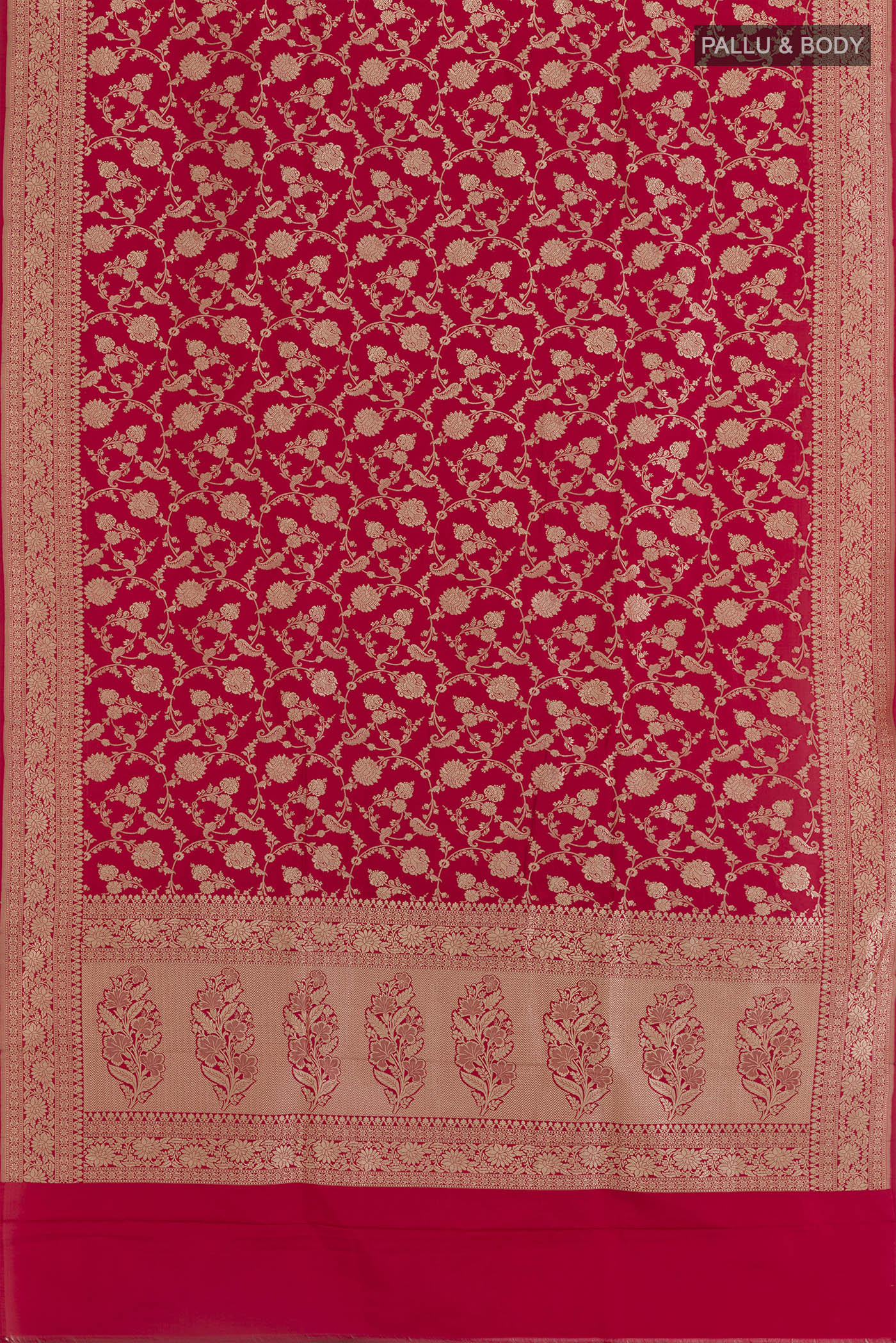 Flat view of Red Banarasi Silk Saree with Zari Brocade on the body and Zari Border. 