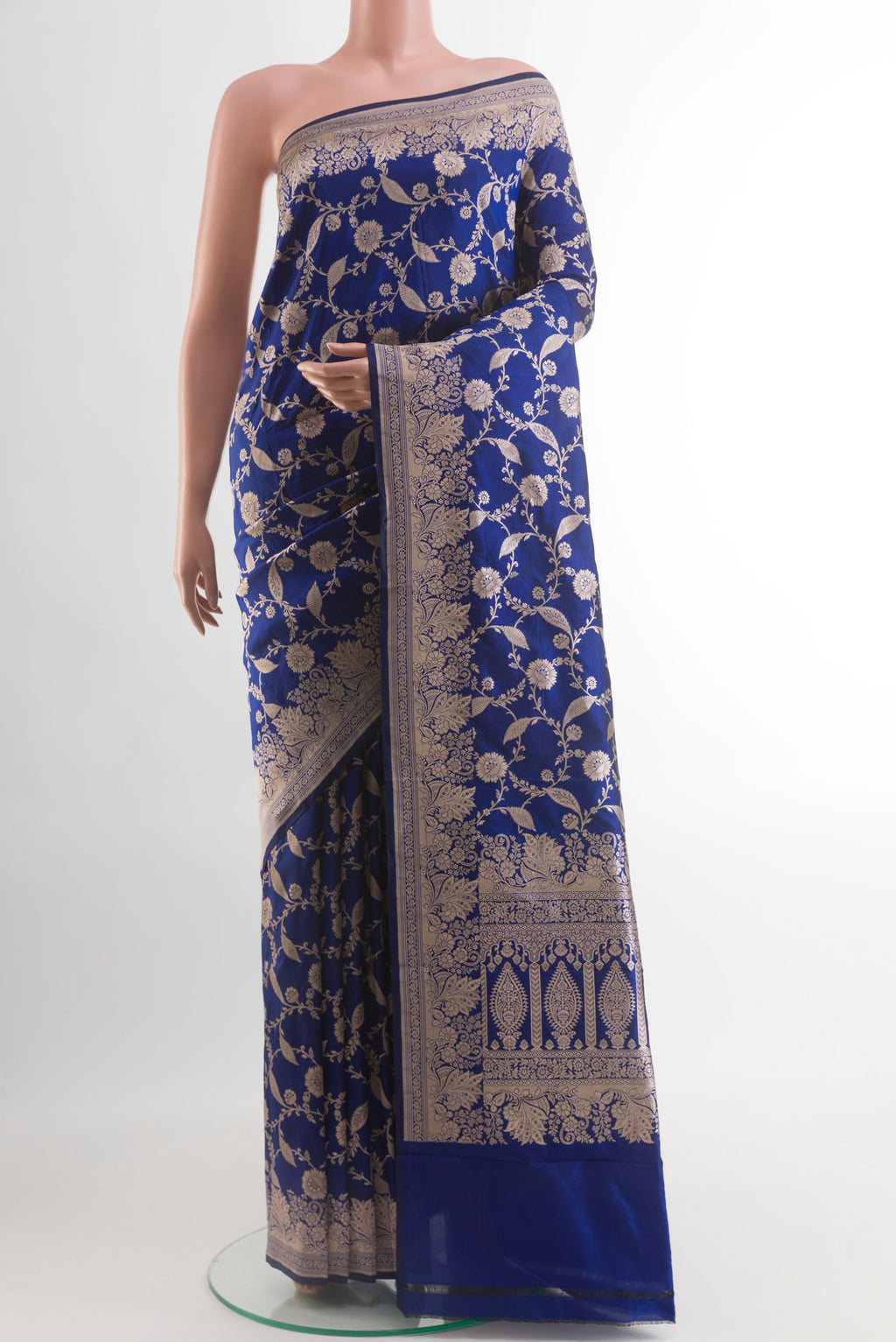 Blue Banarasi Silk Saree with Zari Brocade on the body and Zari Border.  displayed on a mannequin
