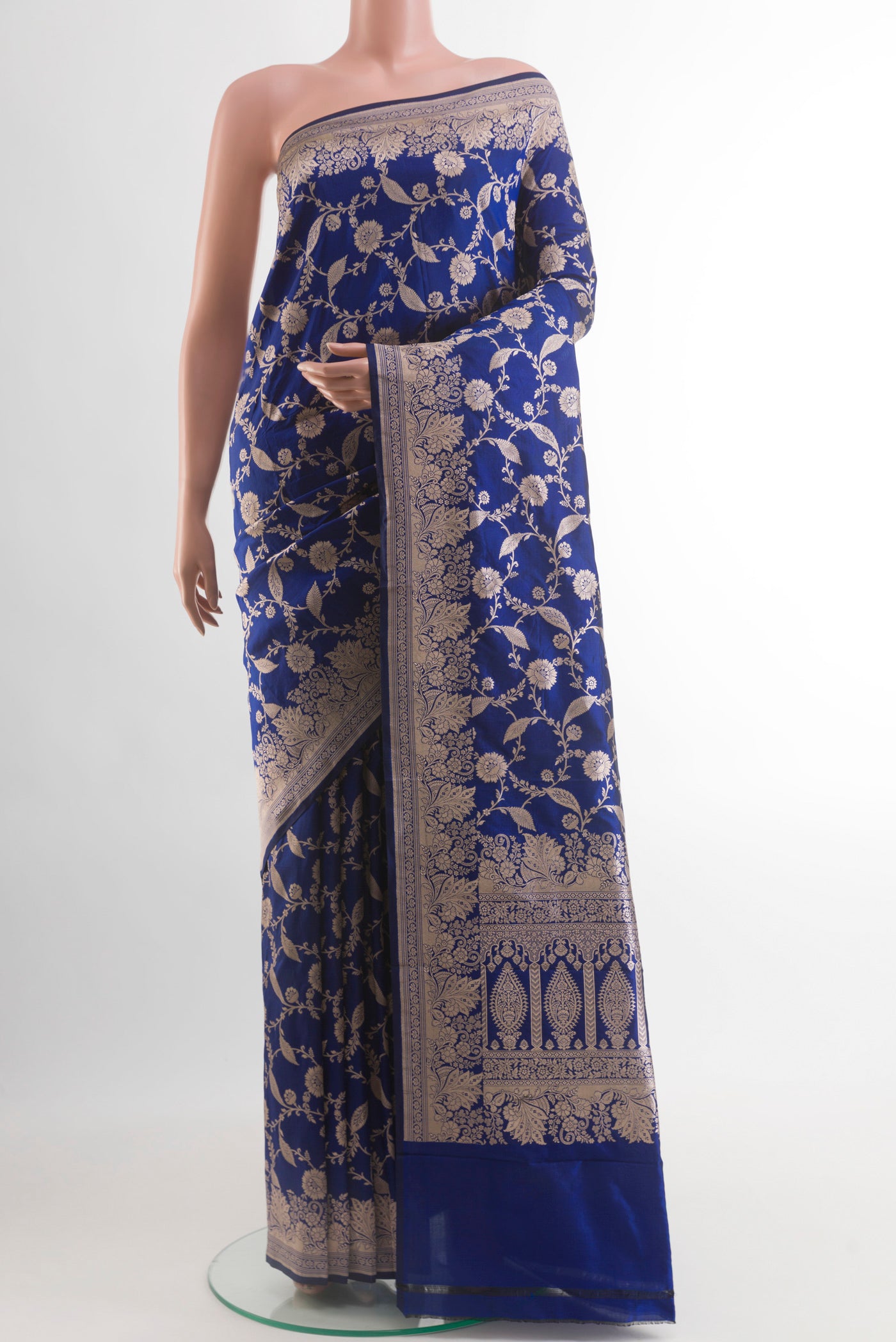 Blue Banarasi Silk Saree with Zari Brocade on the body and Zari Border.  displayed on a mannequin