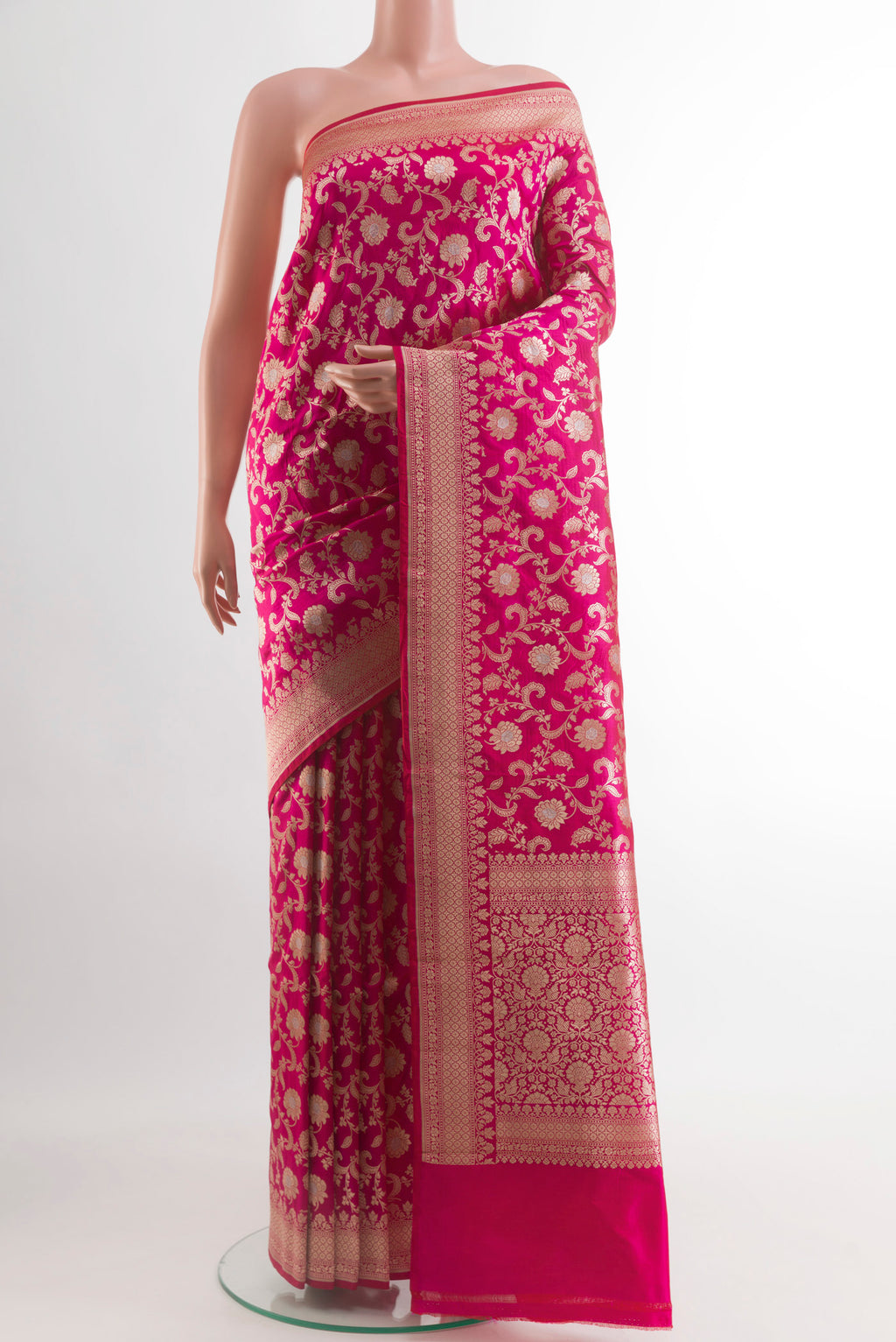 Pink Banarasi Silk Saree with Zari Brocade on the body and Zari Border.  displayed on a mannequin