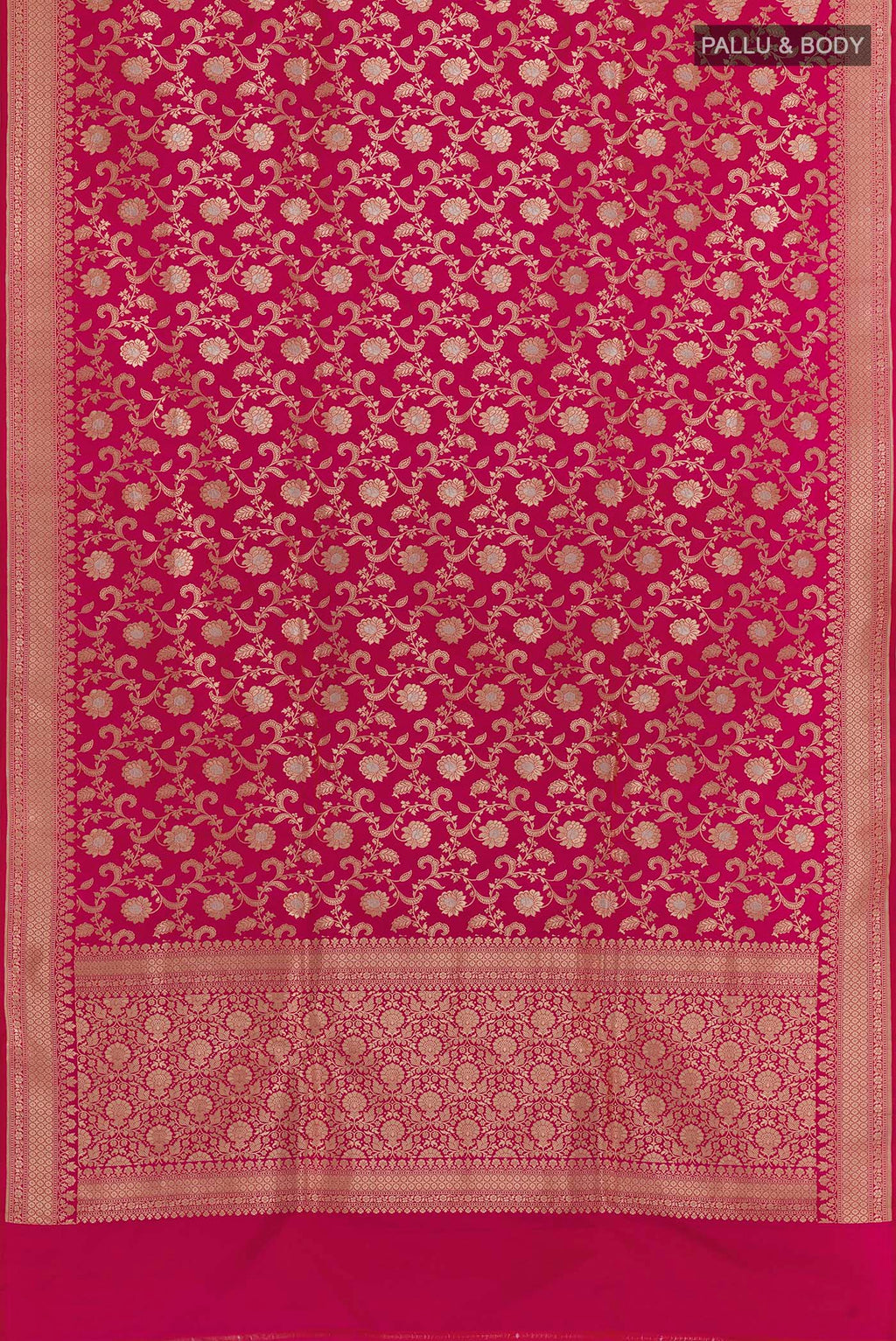 Flat view of Pink Banarasi Silk Saree with Zari Brocade on the body and Zari Border. 