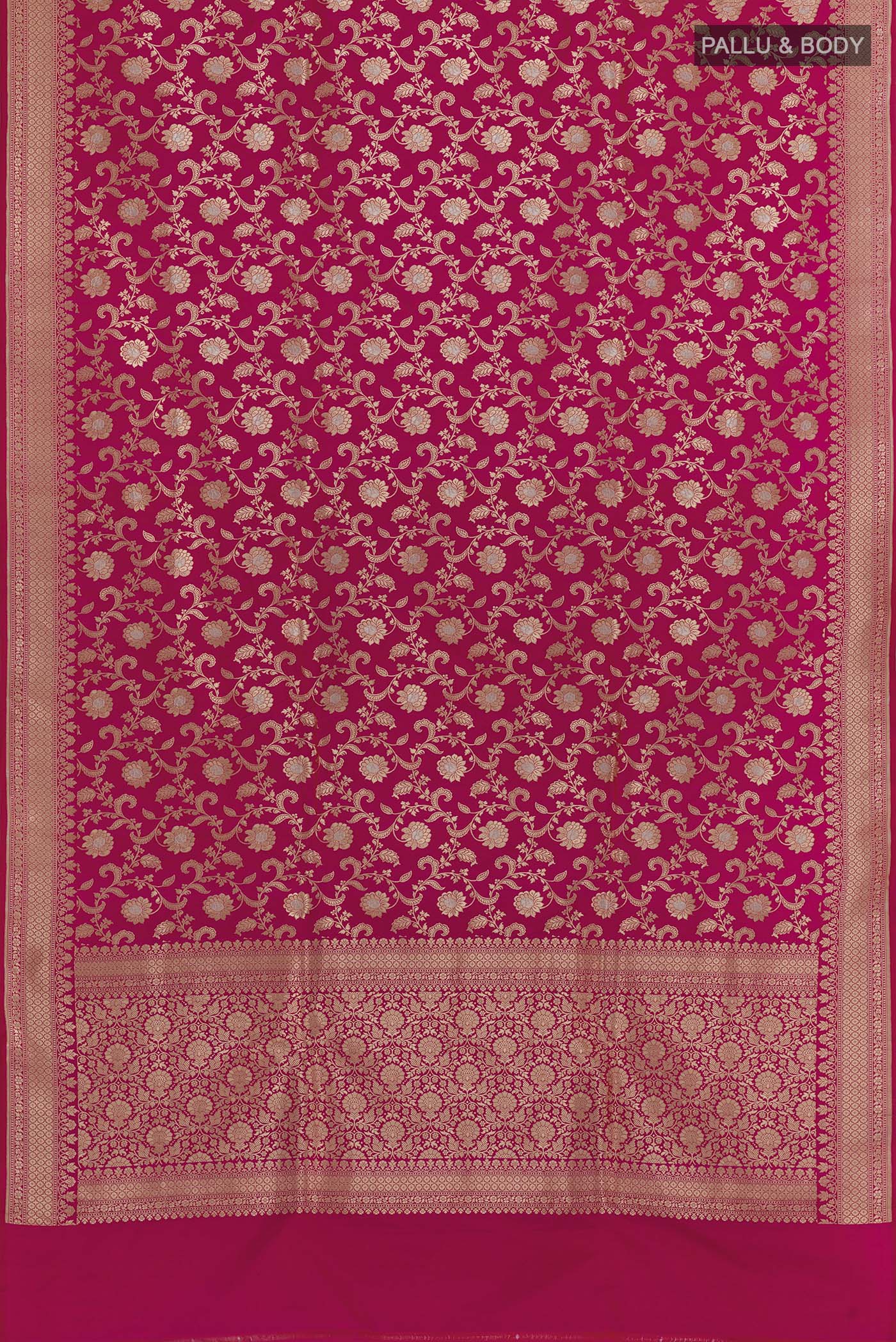 Flat view of Pink Banarasi Silk Saree with Zari Brocade on the body and Zari Border. 