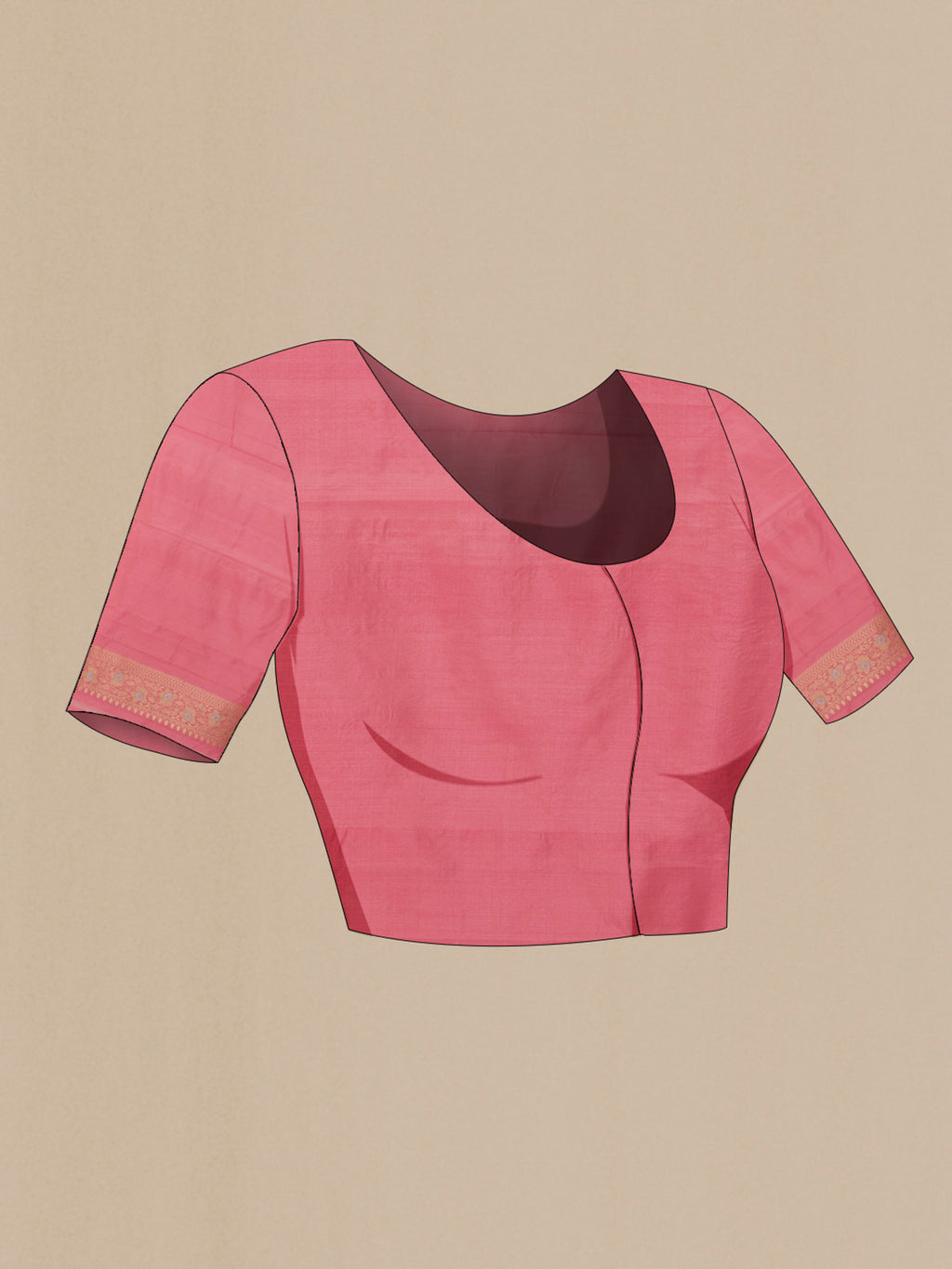 Close up image of the blouse of Rose pink Banarasi Silk Saree with Zari Brocade on the body and Zari Border. 