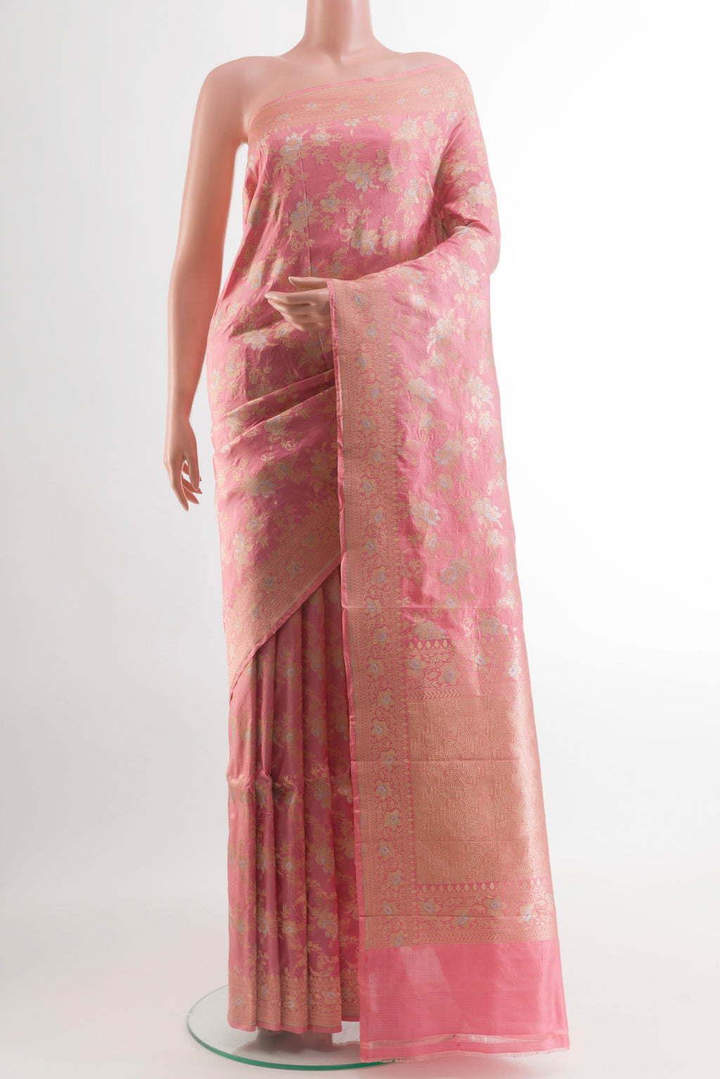 Rose pink Banarasi Silk Saree with Zari Brocade on the body and Zari Border.  displayed on a mannequin