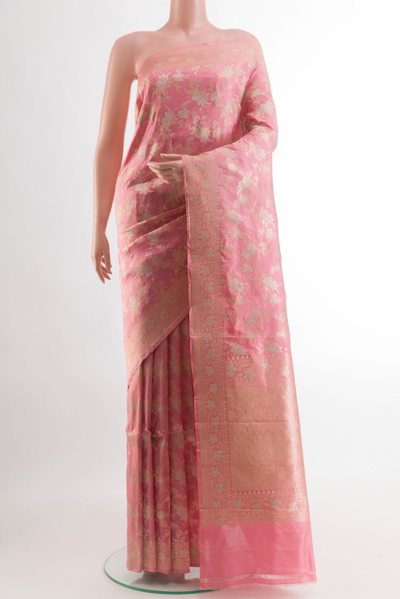 Rose pink Banarasi Silk Saree with Zari Brocade on the body and Zari Border.  displayed on a mannequin