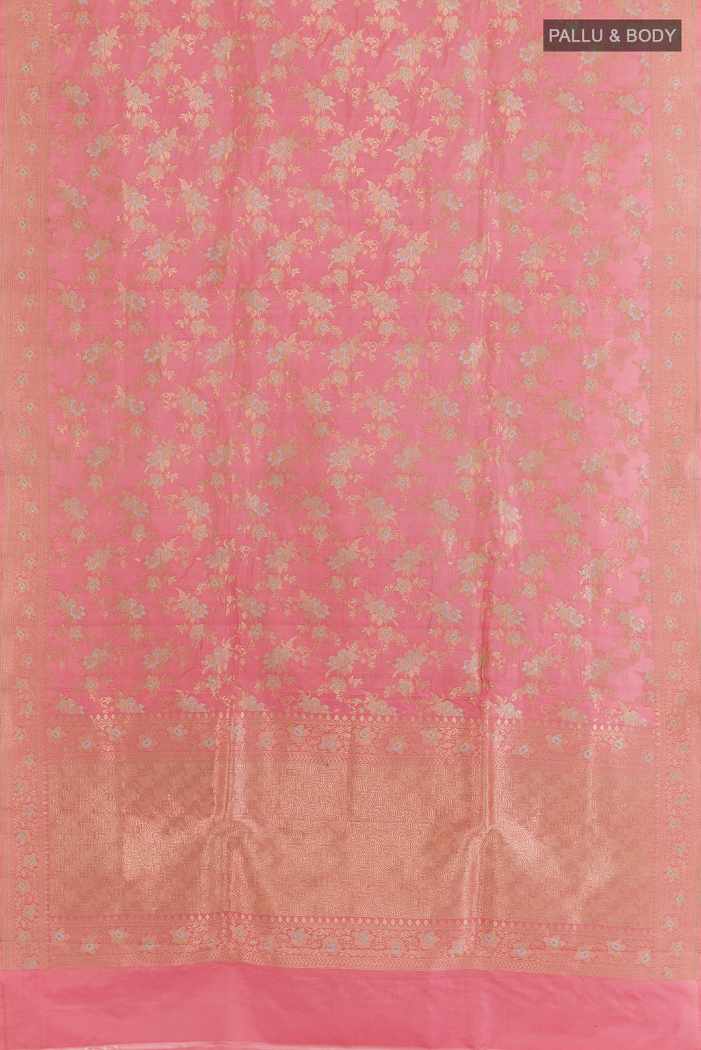 Flat view of Rose pink Banarasi Silk Saree with Zari Brocade on the body and Zari Border. 