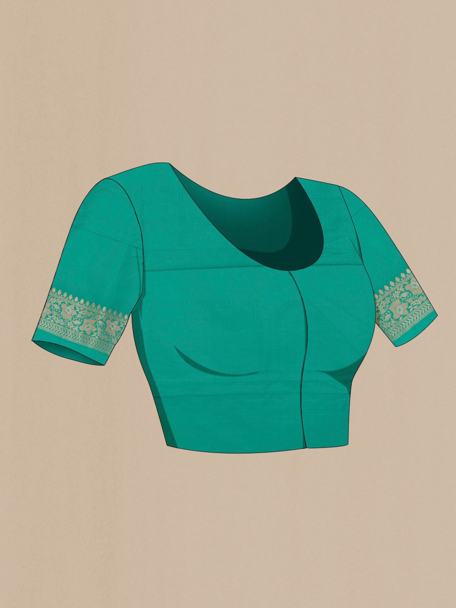 Close up image of the blouse of Turquoise Banarasi Silk Saree with Zari Brocade on the body and Zari Border. 