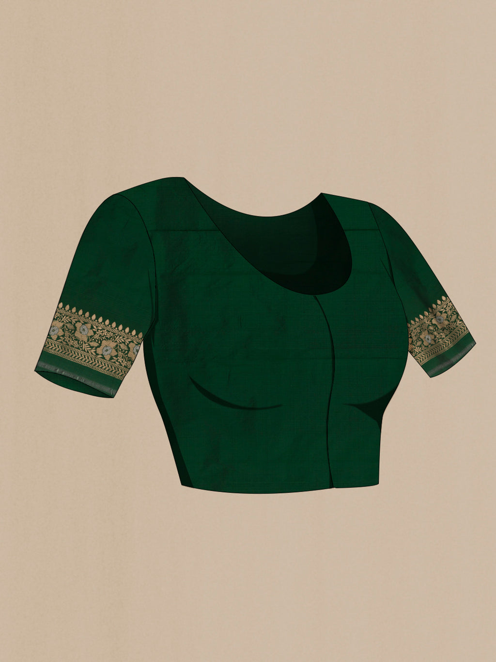 Close up image of the blouse of Bottle Green Banarasi Silk Saree with Zari Brocade on the body and Zari Border. 