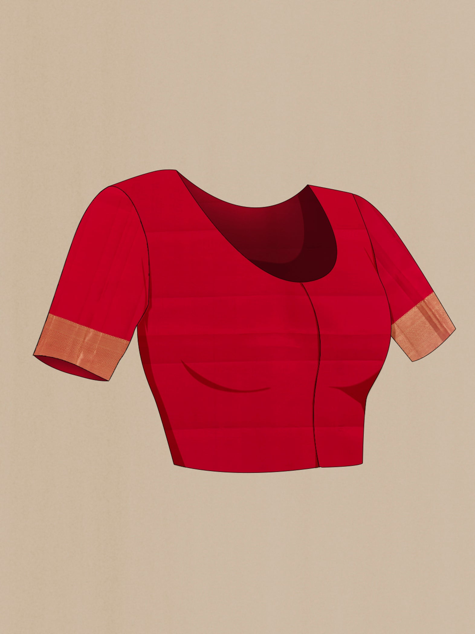 Close up image of the blouse of Red Kanjivaram Silk Saree with Zari Butta on the body and Zari Border. 