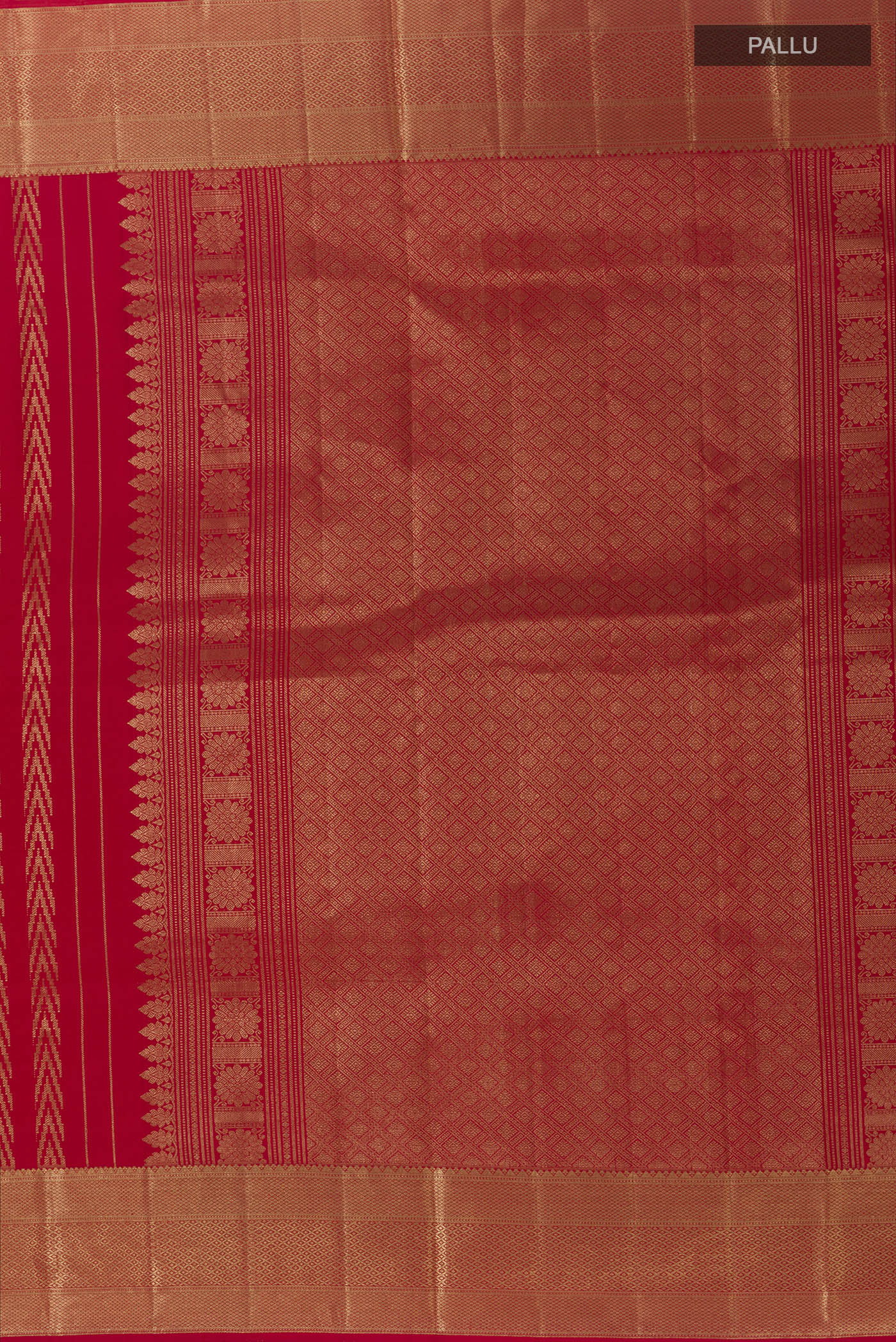 Close up image of the pallu of Red Kanjivaram Silk Saree with Zari Butta on the body and Zari Border. 
