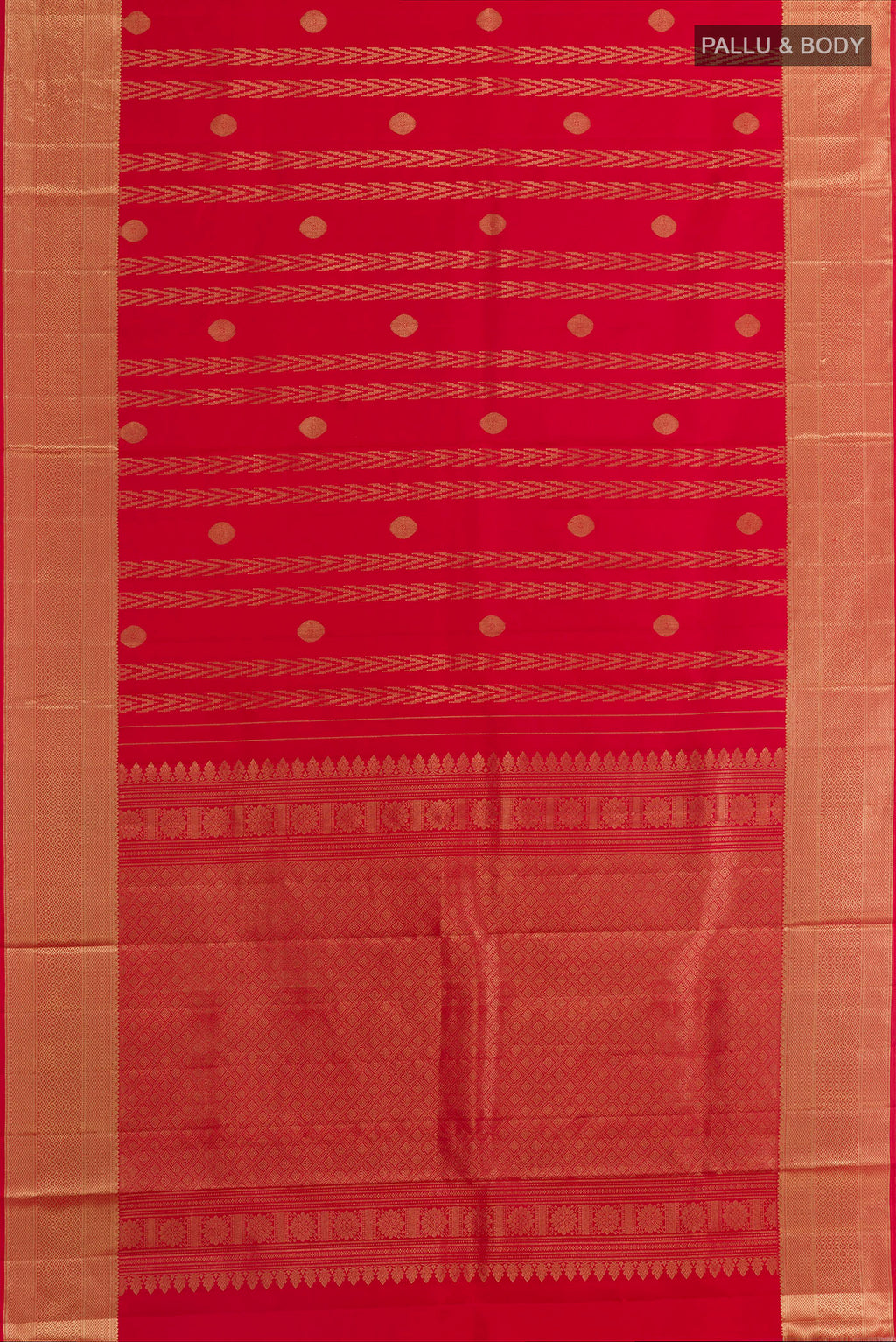 Flat view of Red Kanjivaram Silk Saree with Zari Butta on the body and Zari Border. 