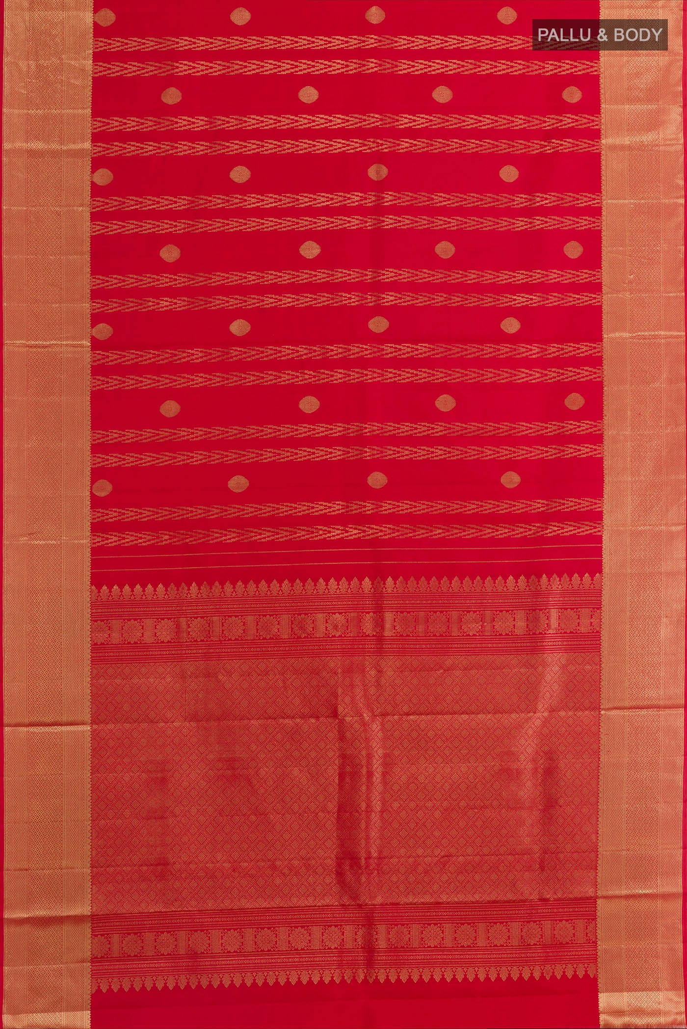 Flat view of Red Kanjivaram Silk Saree with Zari Butta on the body and Zari Border. 