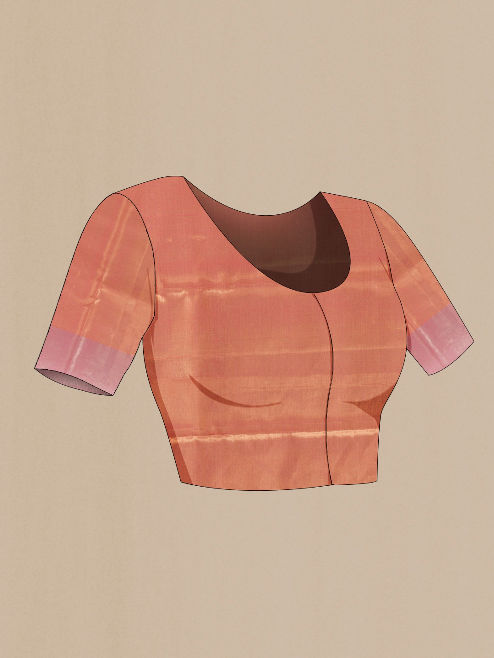 Close up image of the blouse of Rose Gold Dual Tone Kanjivaram Tissue Silk Saree with Zari Brocade on the body and Zari Border. 