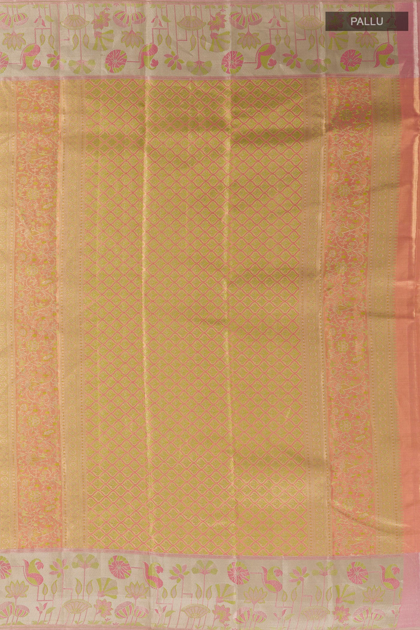 Close up image of the pallu of Rose Gold Dual Tone Kanjivaram Tissue Silk Saree with Zari Brocade on the body and Zari Border. 