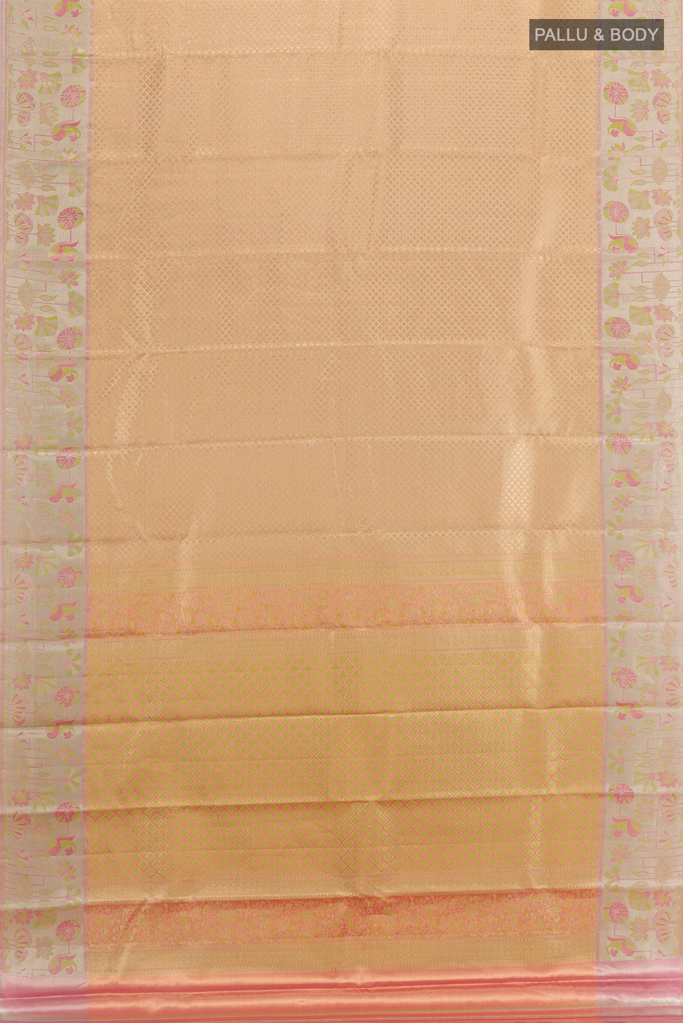 Flat view of Rose Gold Dual Tone Kanjivaram Tissue Silk Saree with Zari Brocade on the body and Zari Border. 