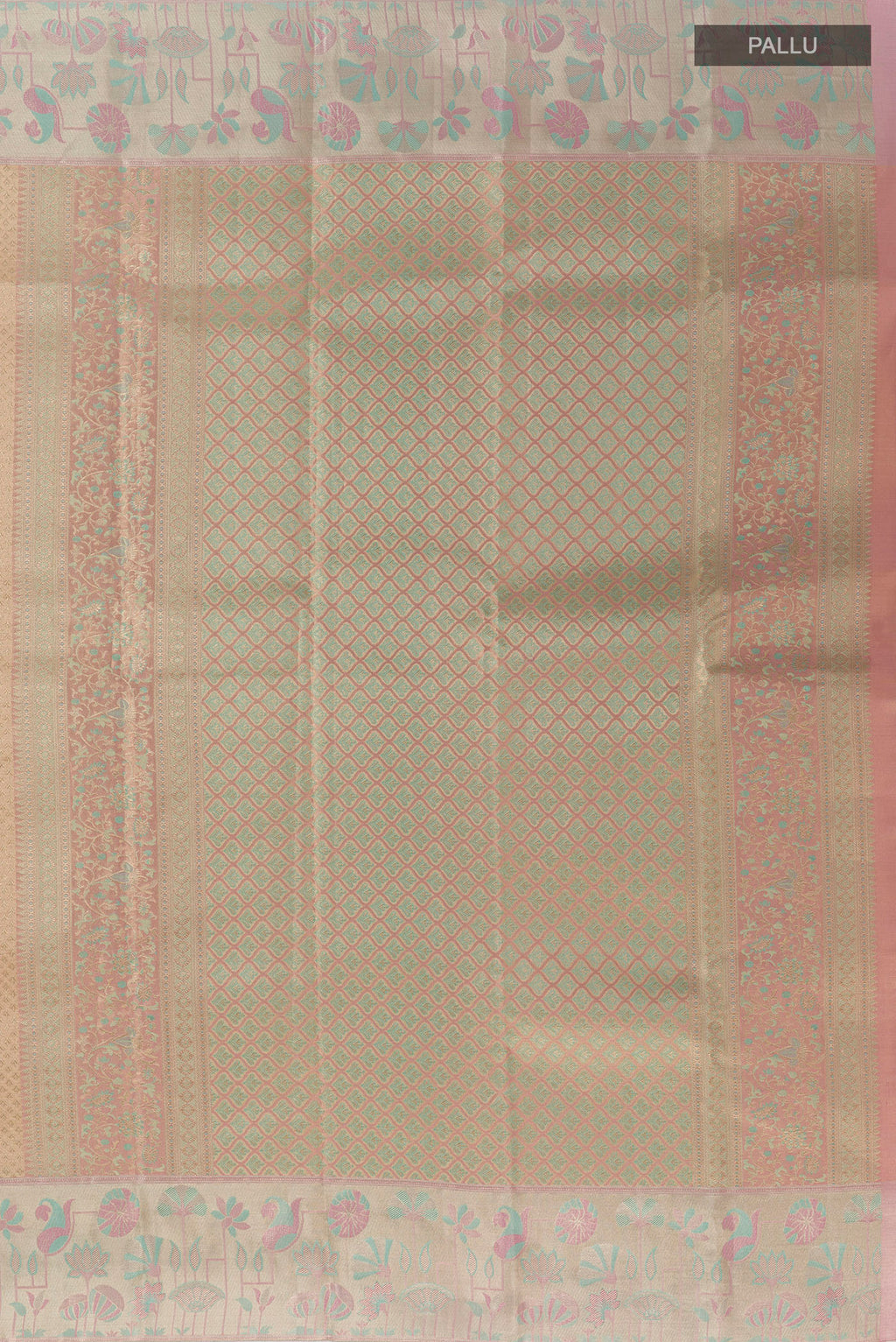 Close up image of the pallu of Golden Kanjivaram Tissue Silk Saree with Zari Brocade on the body and Zari Border. 