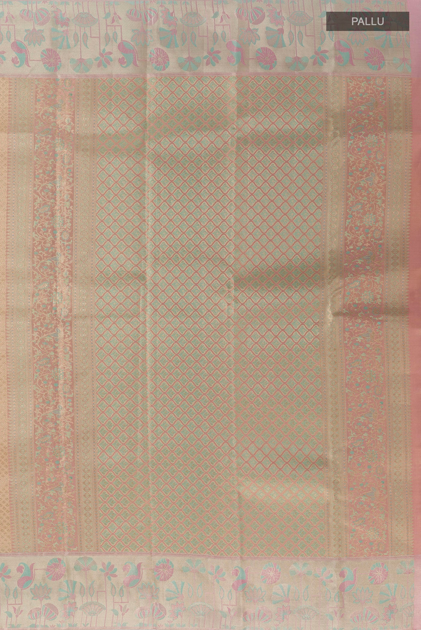 Close up image of the pallu of Golden Kanjivaram Tissue Silk Saree with Zari Brocade on the body and Zari Border. 