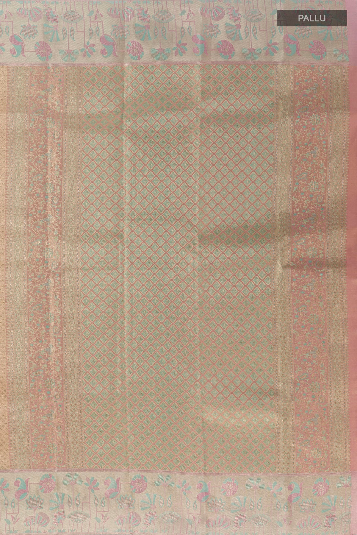 Close up image of the pallu of Golden Kanjivaram Tissue Silk Saree with Zari Brocade on the body and Zari Border. 