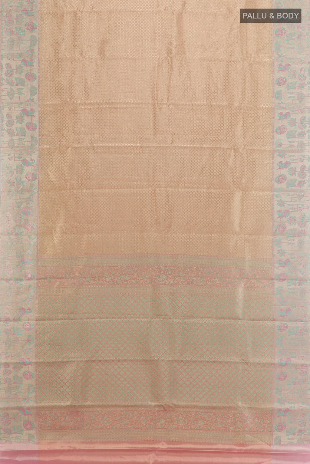 Flat view of Golden Kanjivaram Tissue Silk Saree with Zari Brocade on the body and Zari Border. 