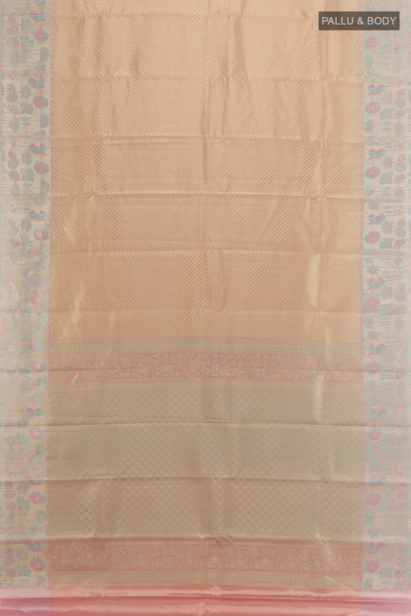 Flat view of Golden Kanjivaram Tissue Silk Saree with Zari Brocade on the body and Zari Border. 