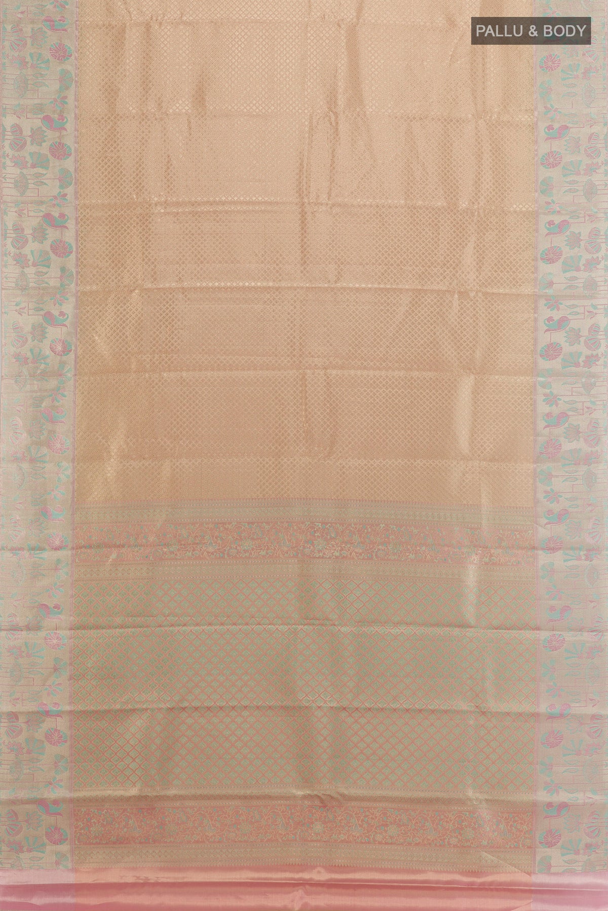 Flat view of Golden Kanjivaram Tissue Silk Saree with Zari Brocade on the body and Zari Border. 