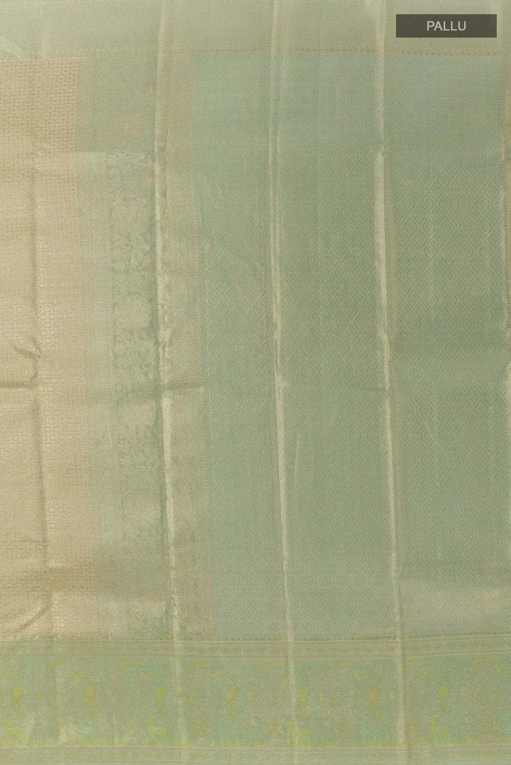 Close up image of the pallu of Sea Green Kanjivaram Tissue Silk Saree with Zari Brocade on the body and Zari Border. 