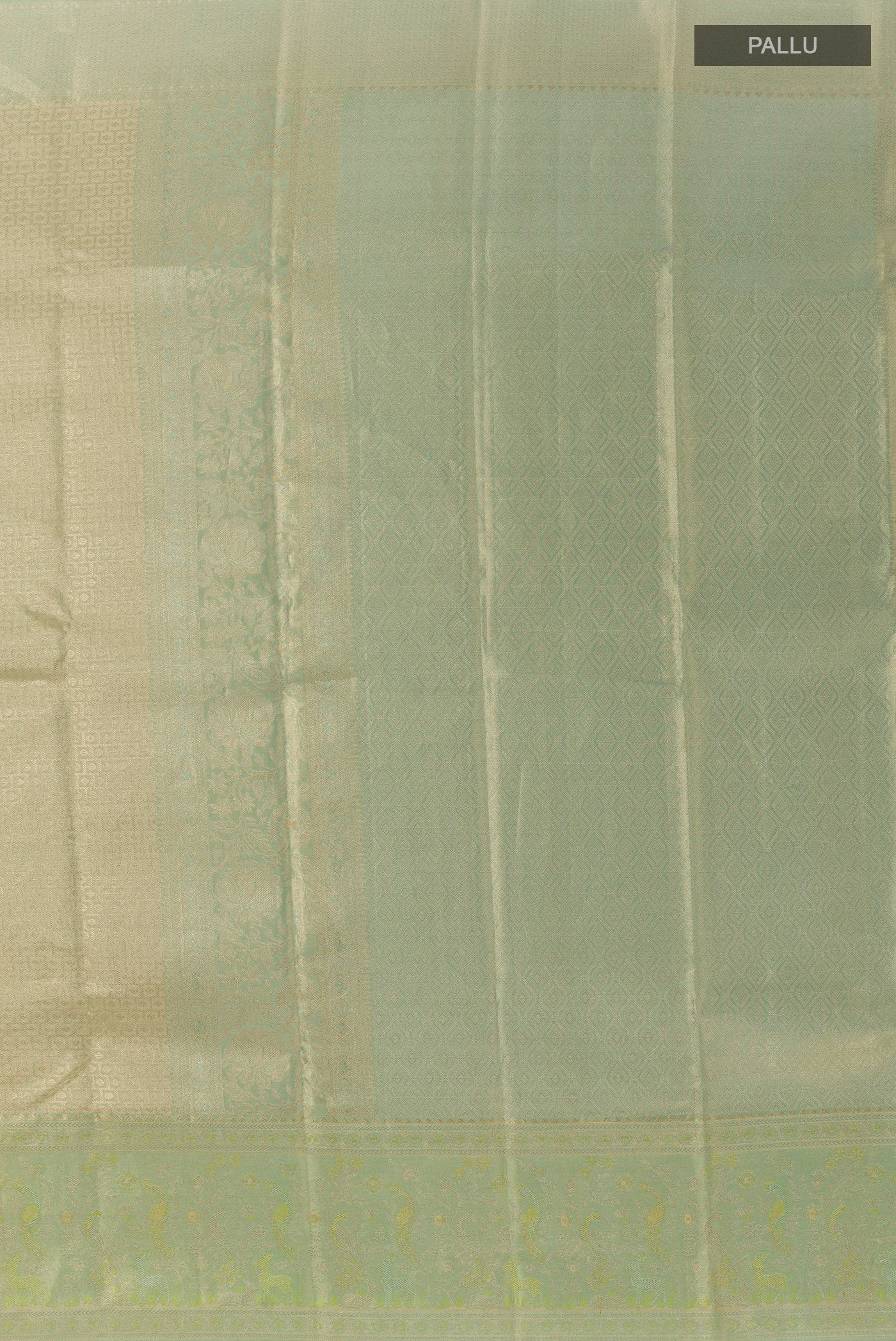 Close up image of the pallu of Sea Green Kanjivaram Tissue Silk Saree with Zari Brocade on the body and Zari Border. 
