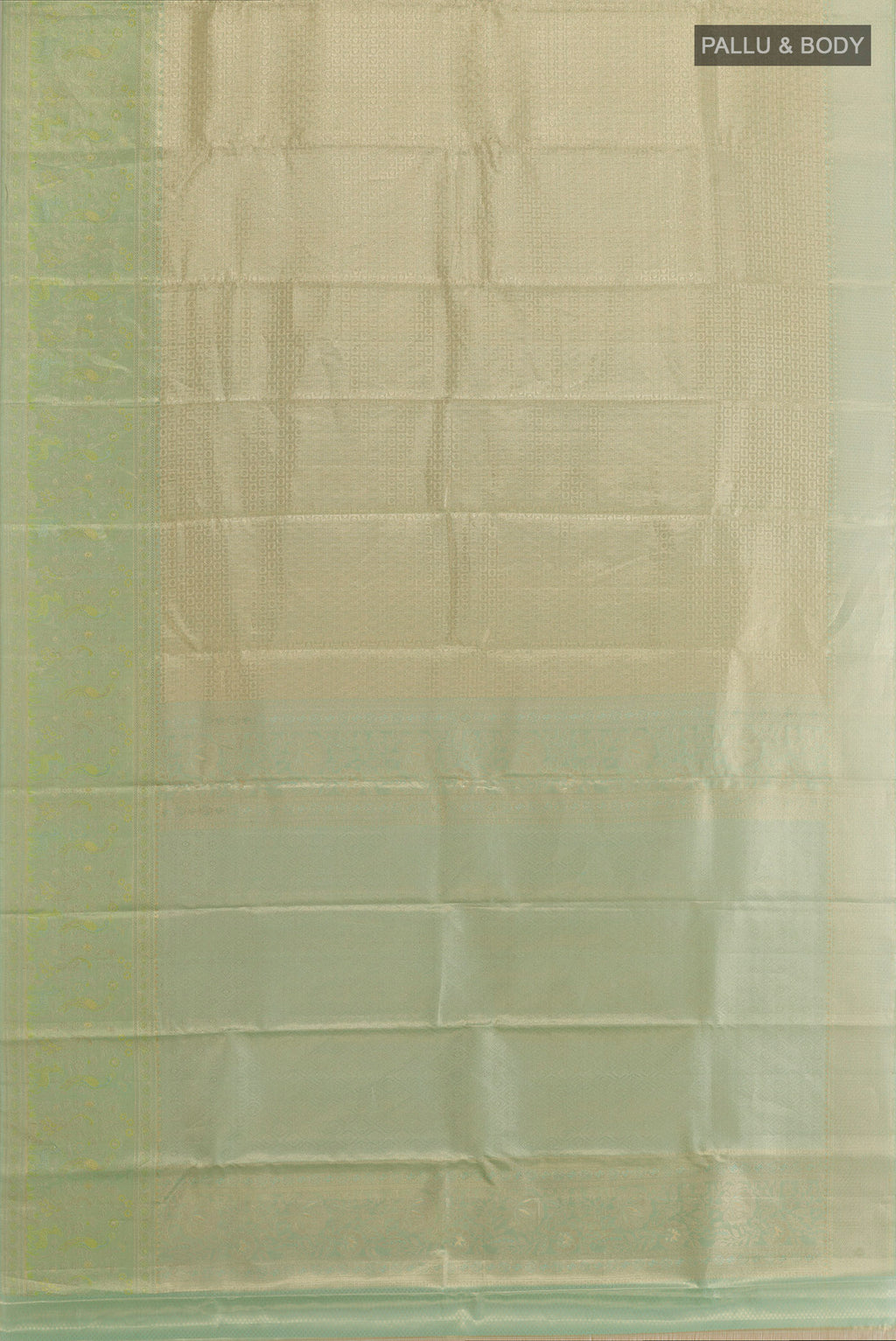 Flat view of Sea Green Kanjivaram Tissue Silk Saree with Zari Brocade on the body and Zari Border. 