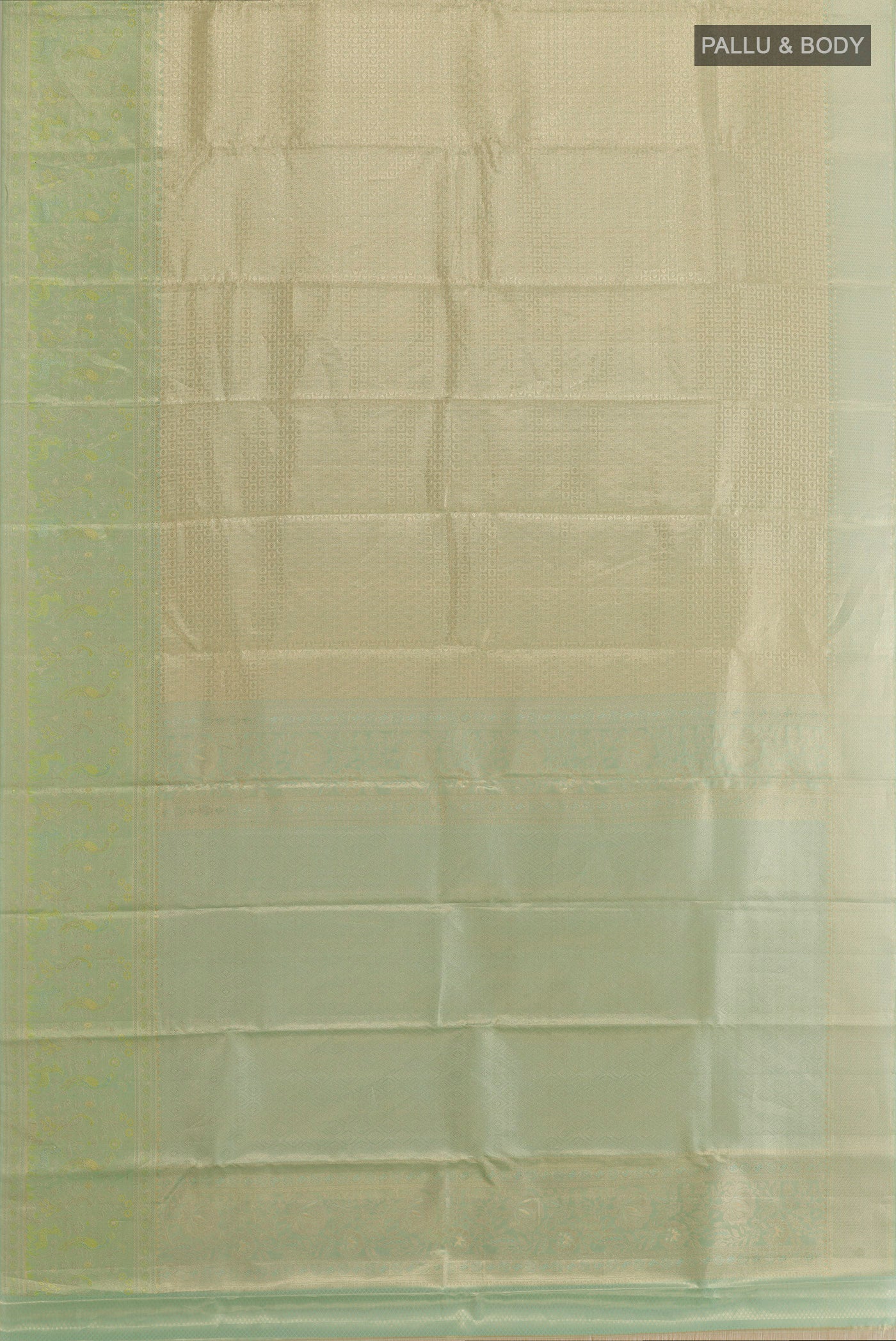 Flat view of Sea Green Kanjivaram Tissue Silk Saree with Zari Brocade on the body and Zari Border. 